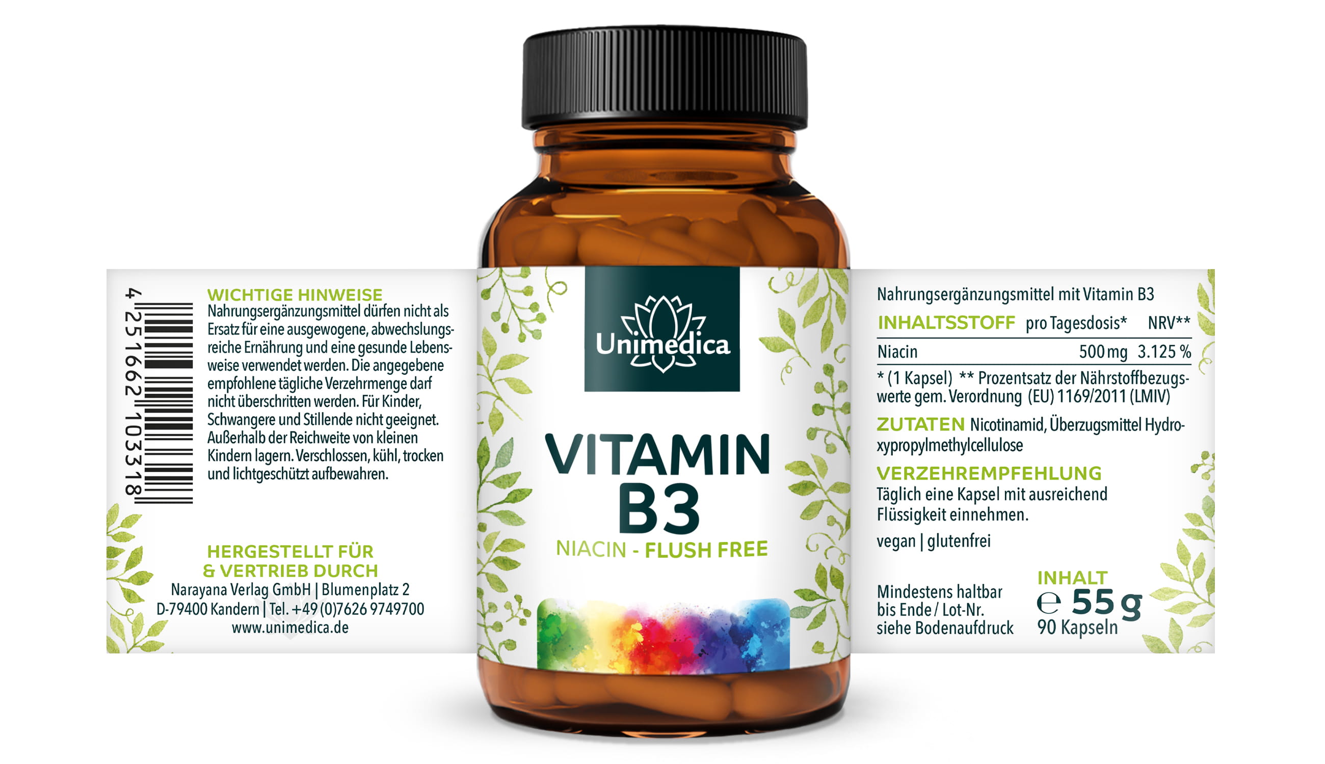 Vitamin B3 Niacin "Flush Free" - 500 mg pro Tagesdosis (1 Kapsel) - 90 Kapseln - von Unimedica