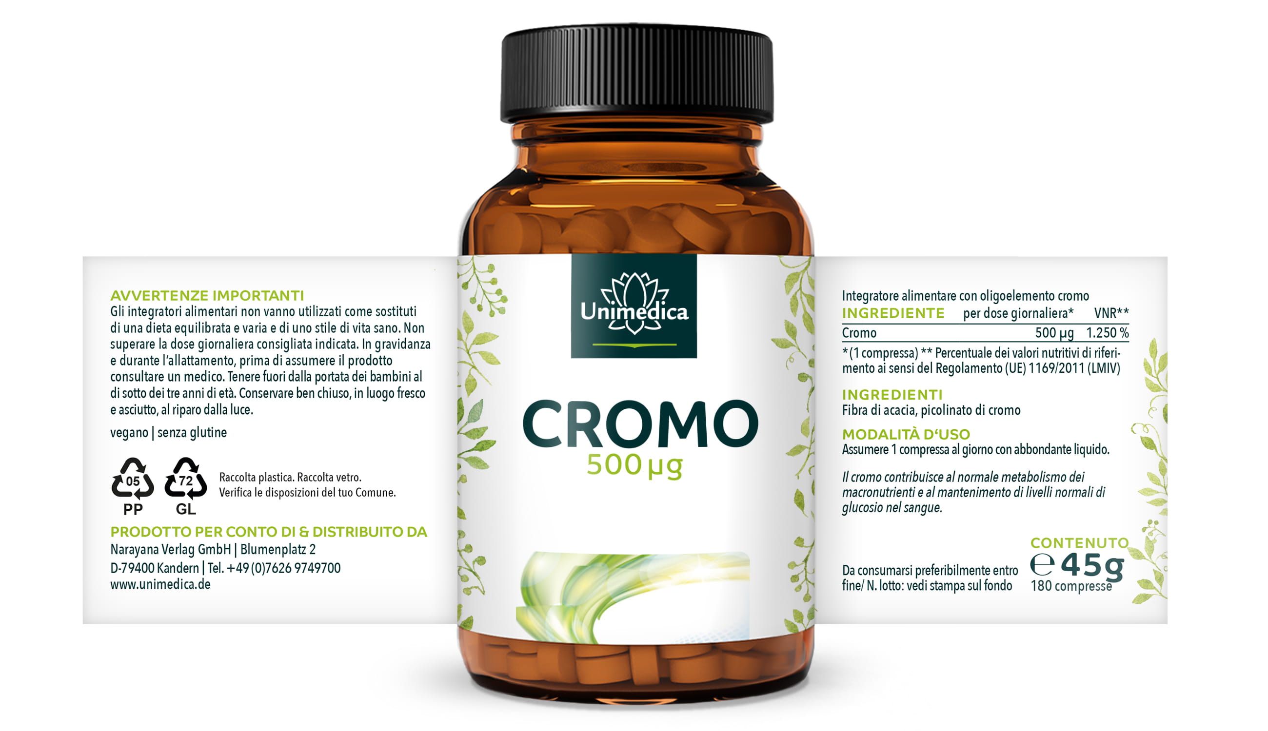 Cromo - 500 µg per dose giornaliera (1 compressa) - 180 compresse - di Unimedica