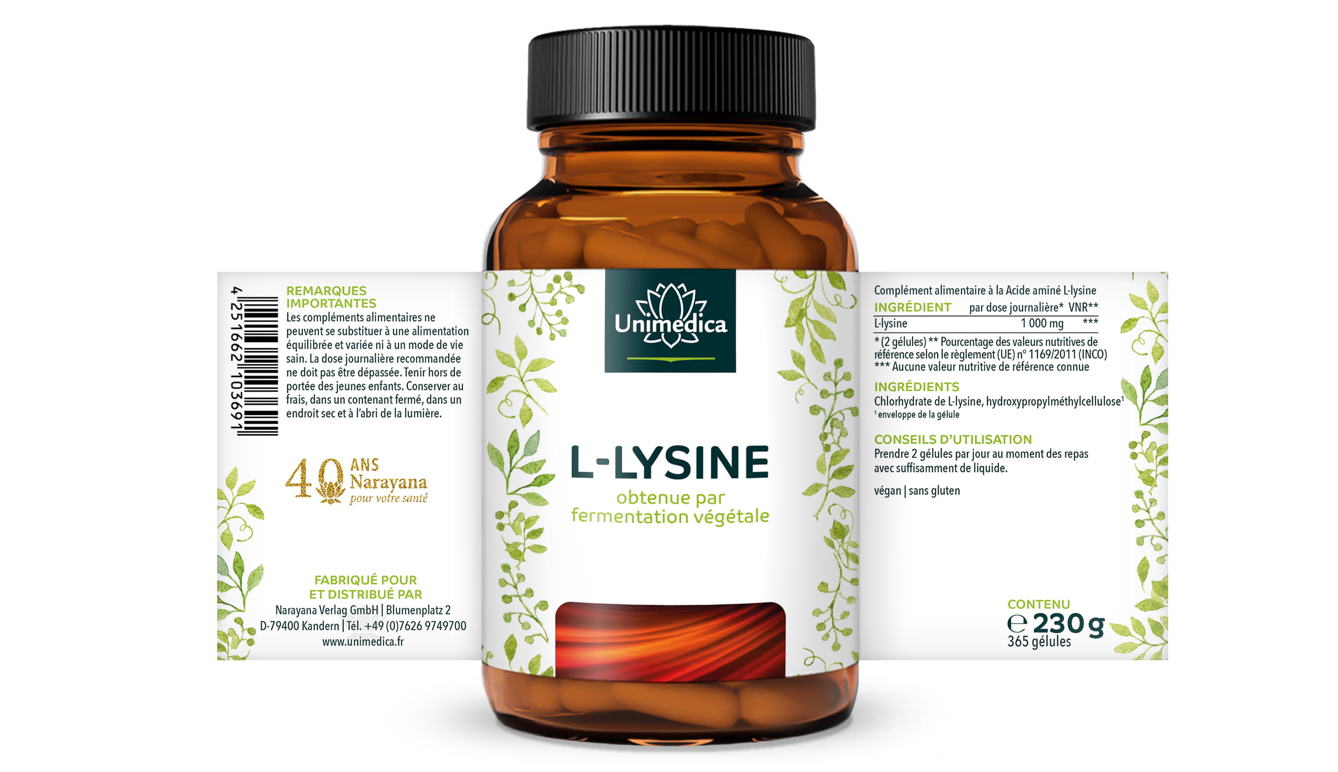 L-Lysin - 810 mg L-Lysin pro Tagesdosis (2 Kapseln) - 365 Kapseln - von Unimedica