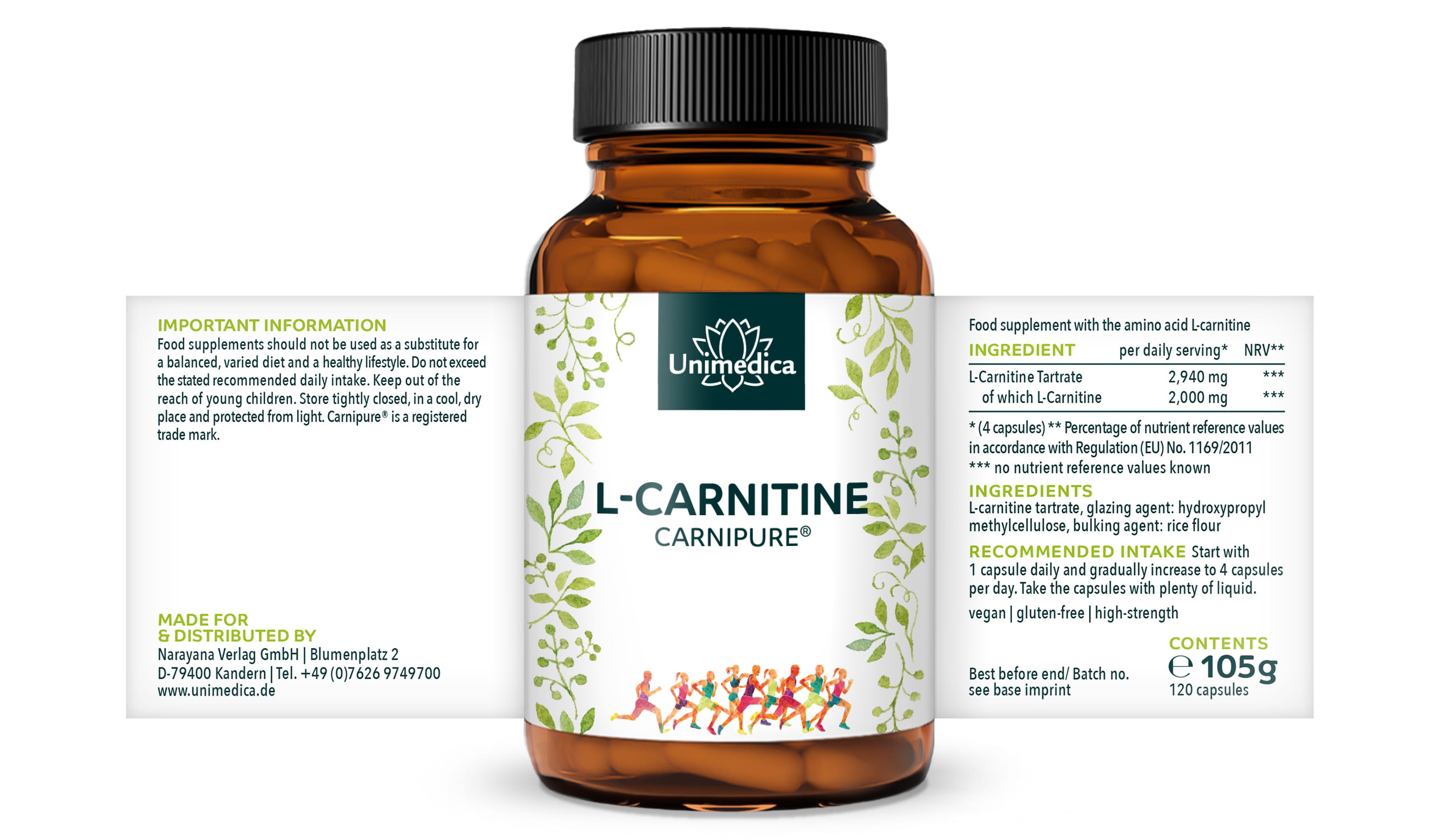 L-karnityna (Carnipure®) - 2 000 mg na dzienną dawkę (4 kapsułki) - 120 kapsułek - od Unimedica