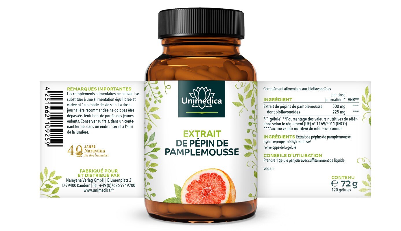 Extrait de pépins de pamplemousse - 500 mg par dose quotidienne (1 capsule) - 120 capsules - par Unimedica