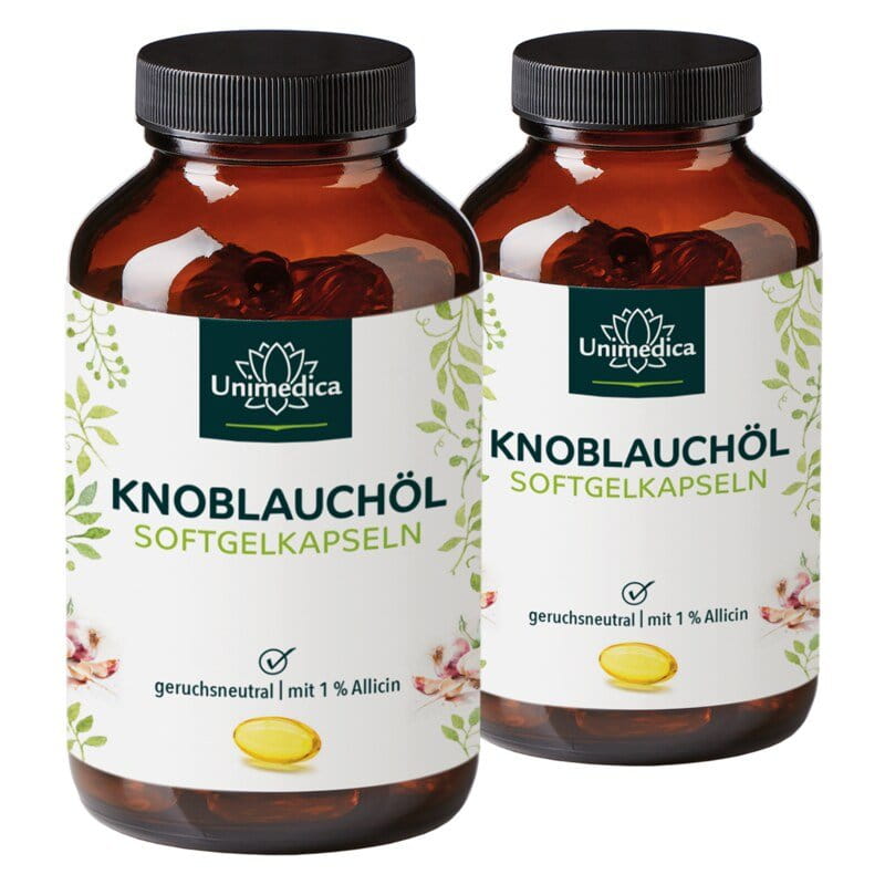 2er-Sparset: Knoblauchöl Softgelkapseln - 500 : 1 konzentriert - 15 mg Knoblauchöl-Extrakt pro Tagesdosis (1 Kapsel) - 2 x 180 Kapseln - von Unimedica