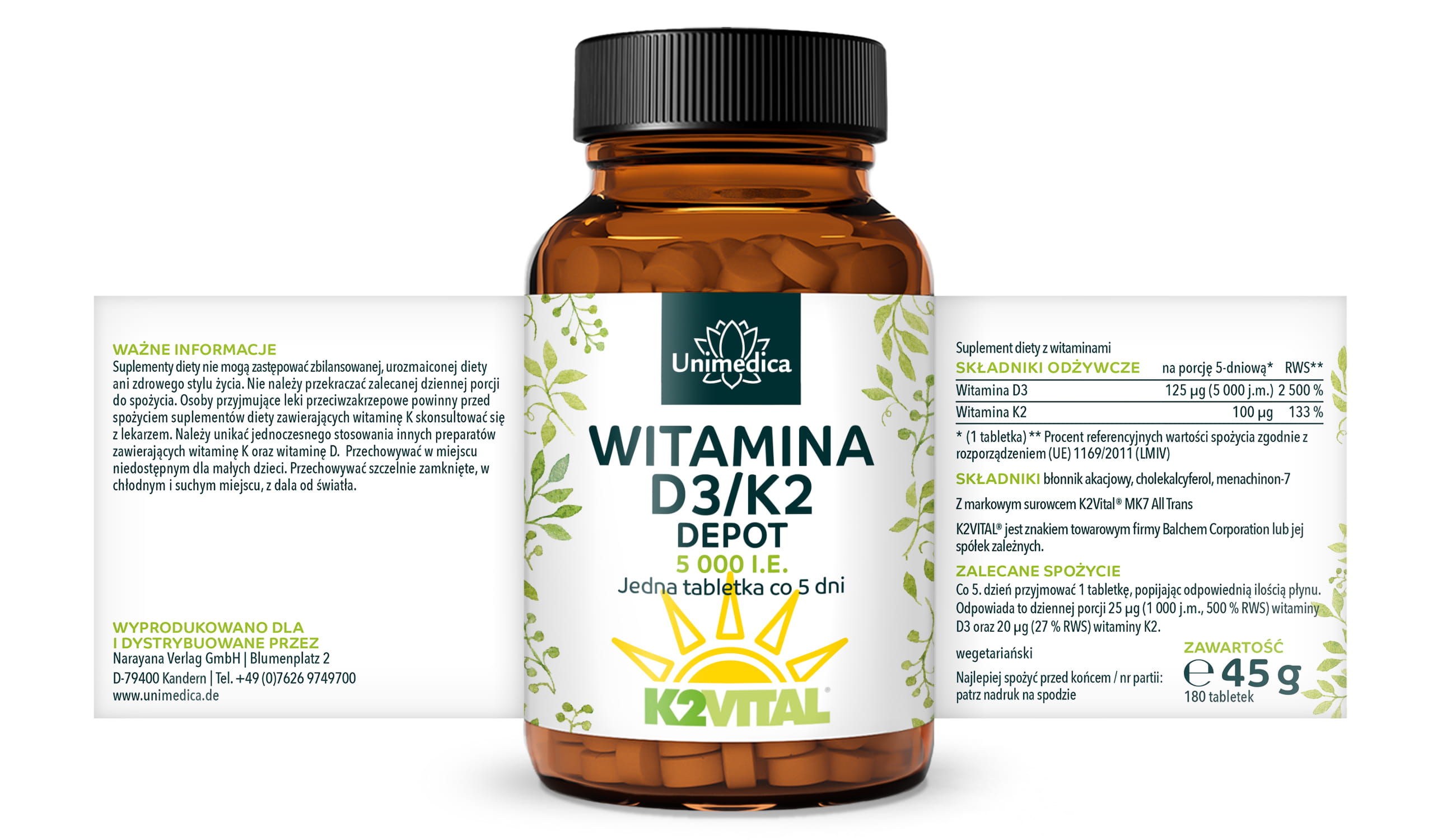 Witamina D3/K2 5000 j.m. o przedłużonym uwalnianiu - 125 µg D3 i 100 µg K2 na 5-dniową dawkę (1 tabletka co 5 dni) - 180 tabletek - od Unimedica
