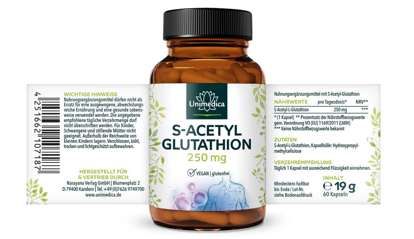 S-Acetyl-Glutathion - stabile Glutathionform - 250 mg pro Tagesdosis (1 Kapsel) - hochdosiert - 60 Kapseln - von Unimedica
