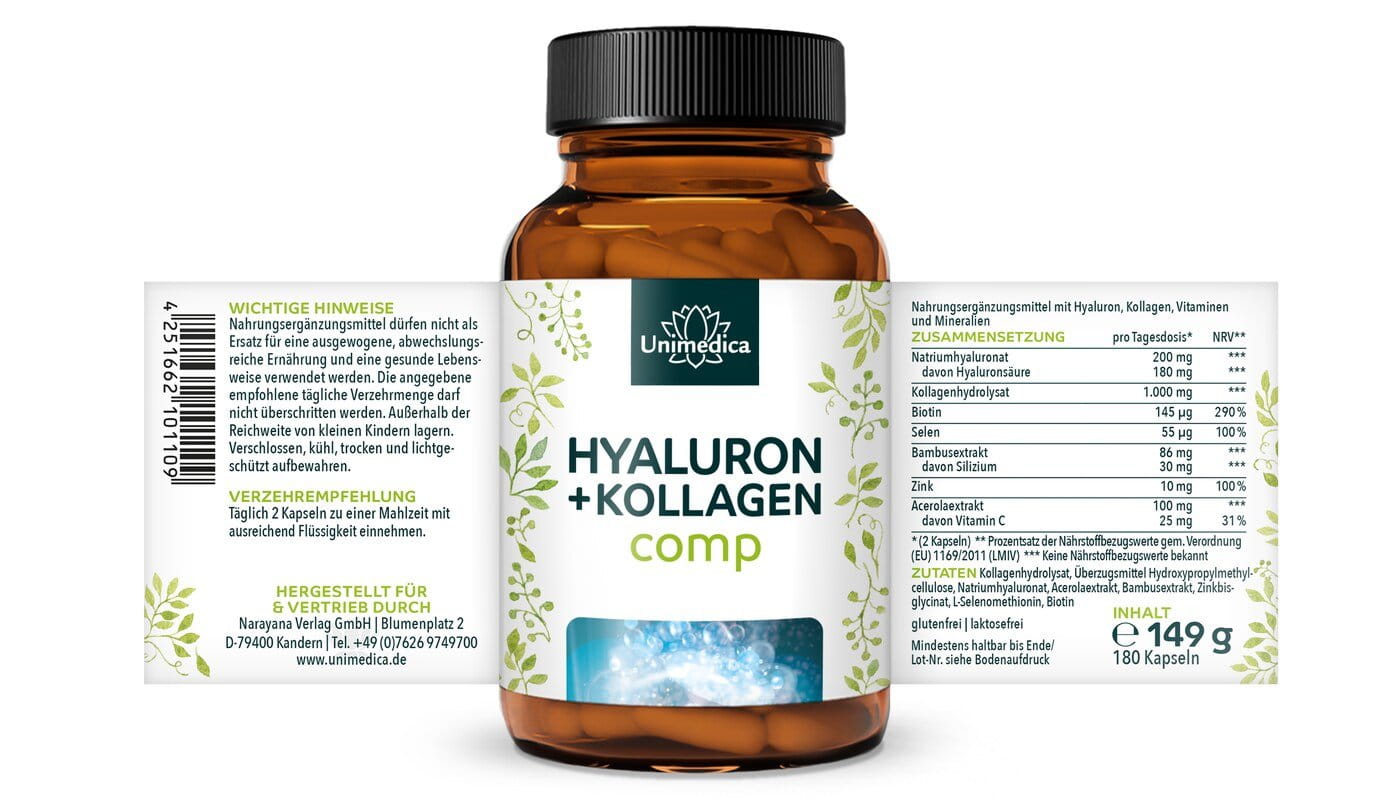 Hyaluron + Kollagen comp - mit Silizium aus Bambus, Vitaminen und Mineralien - 180 Kapseln - von Unimedica