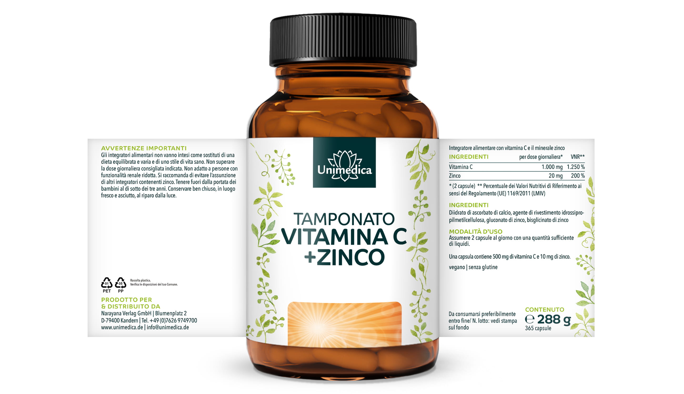 Vitamina C - tamponata e con zinco - 1.000 mg di vitamina C e 20 mg di zinco per dose giornaliera (2 capsule) - 365 capsule - di Unimedica
