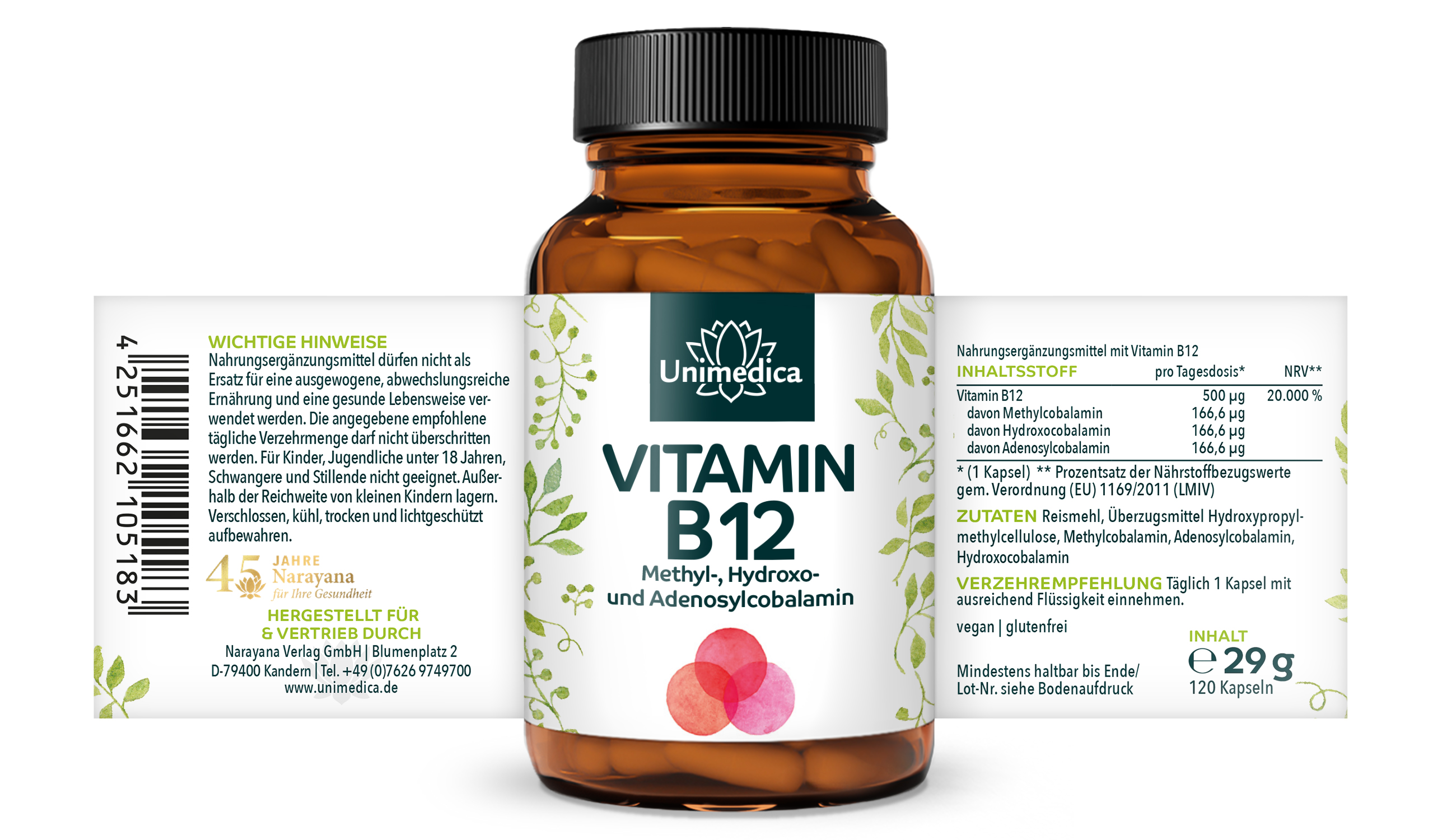 Vitamin B12 mit 3 Cobalamin-Formen - 500 µg pro Tagesdosis (1 Kapsel) - 120 Kapseln - von Unimedica