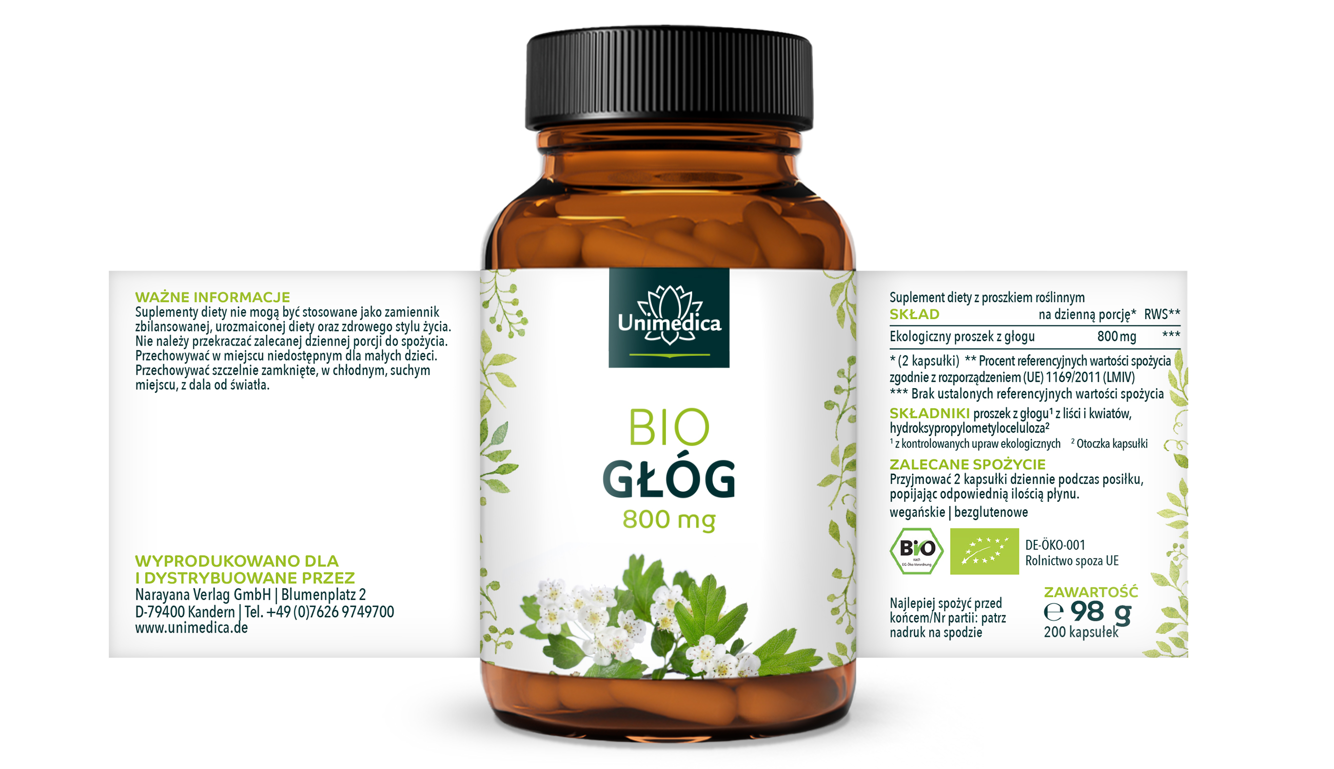 Głóg BIO - 800 mg na dawową (2 kapsułki) - 200 kapsułek - od Unimedica