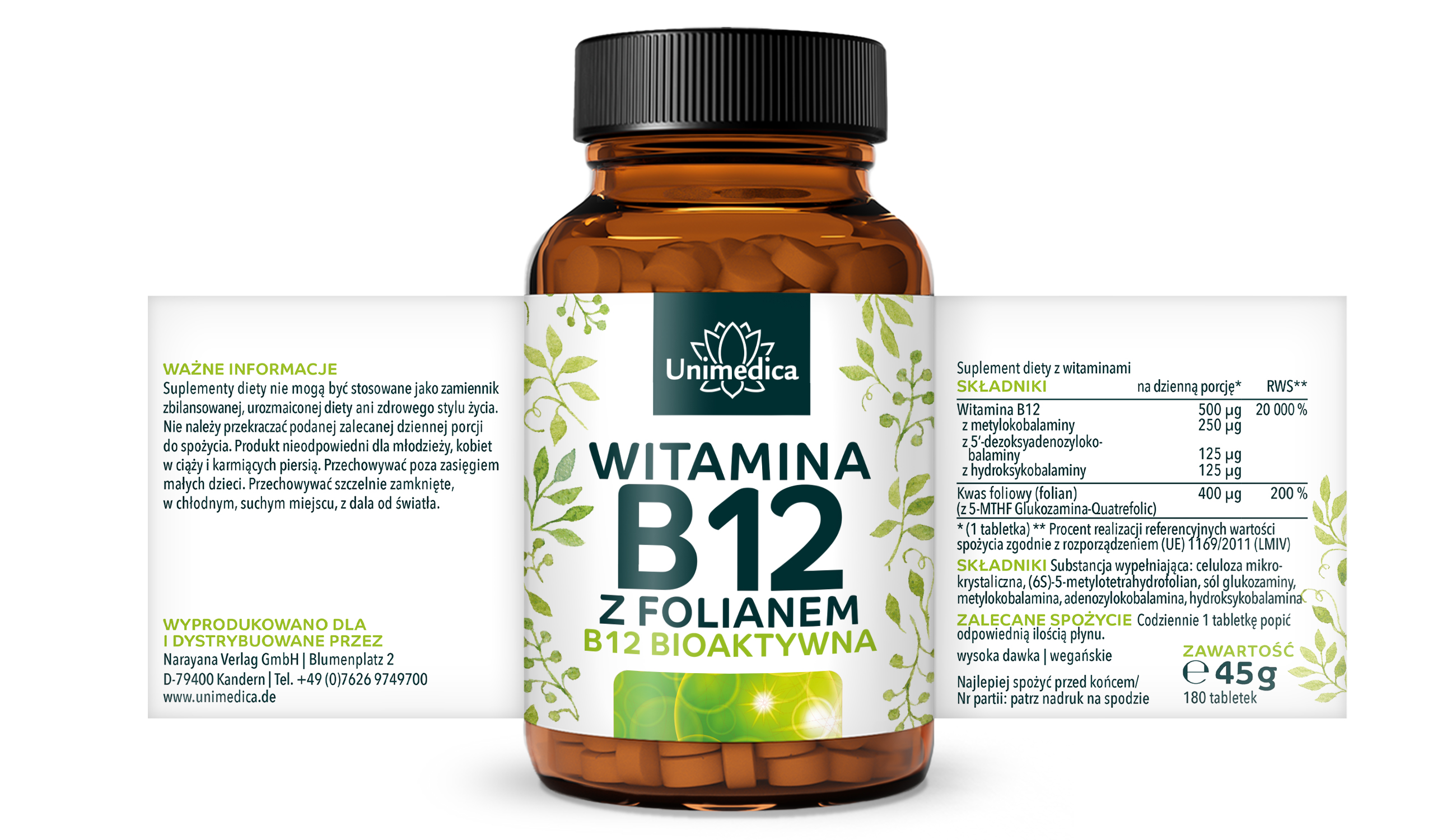 Witamina B12 z folianem - 500 µg B12 i 400 µg folianu na dawkę dzienną (1 tabletka) - 180 tabletek