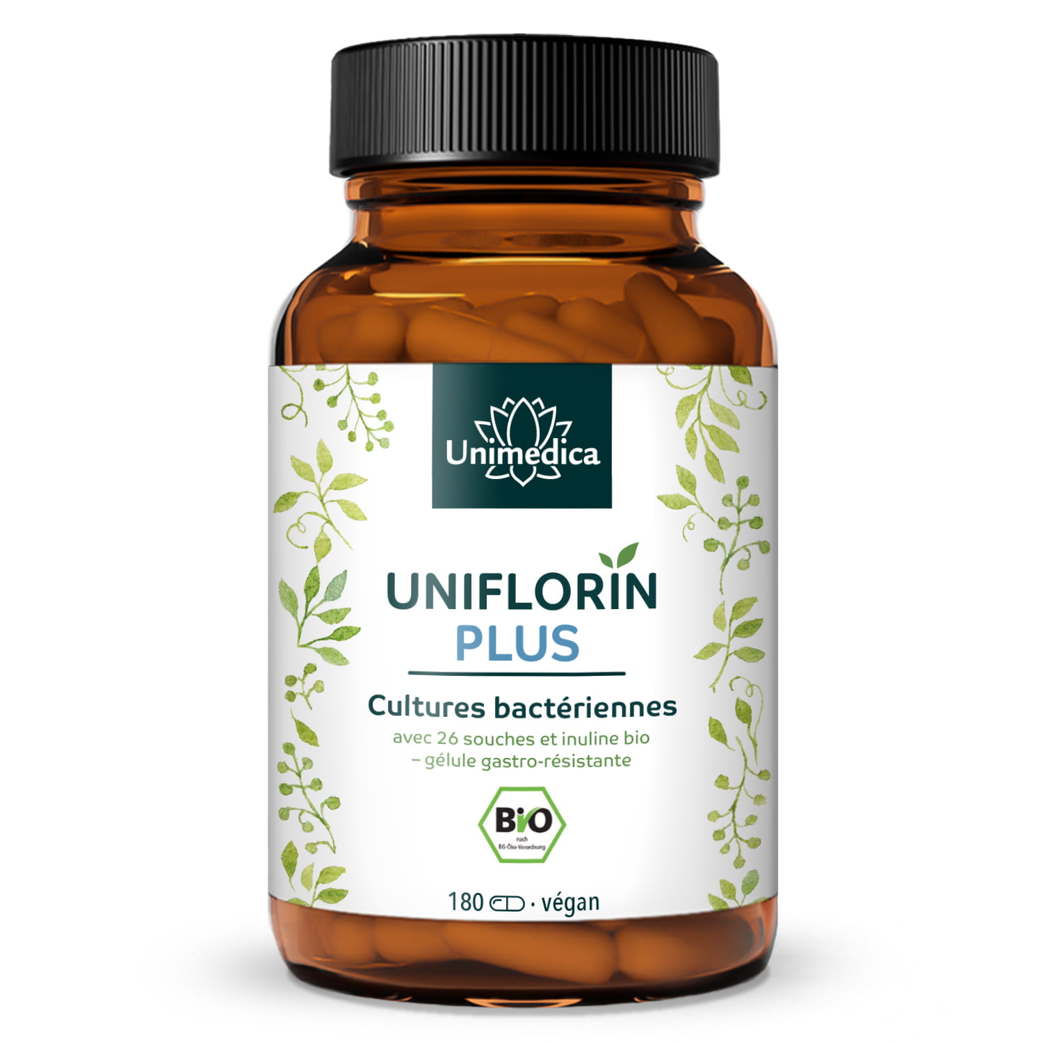 Uniflorin Plus avec complexe de cultures issues de 26 souches bactériennes et d'inuline BIO - 20 milliards d'UFC par dose journalière (2 gélules) - 180 gélules entériques - par Unimedica
