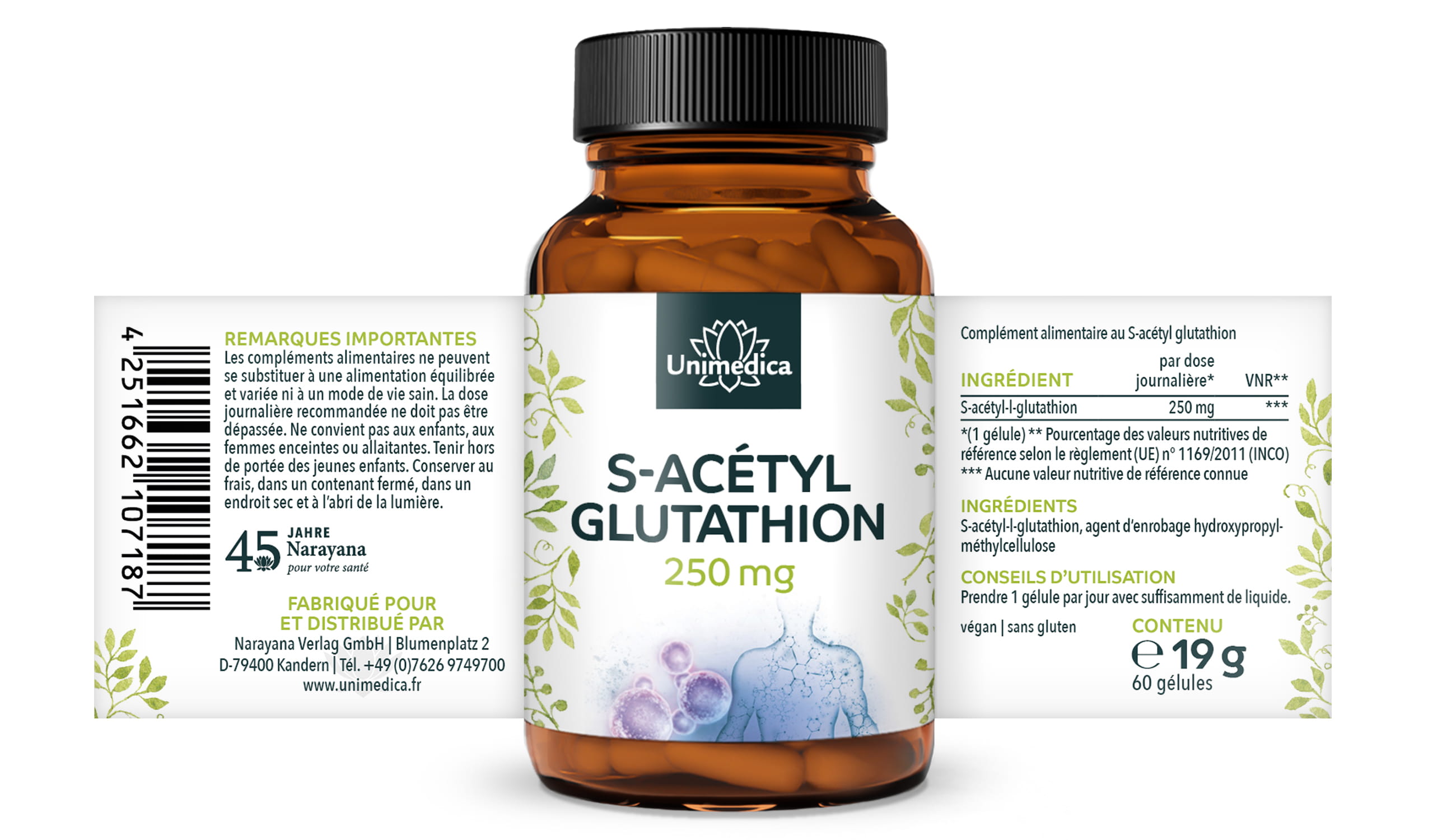 S-acétyl glutathion - 250 mg  hautement dosé - 60 gélules - par Unimedica