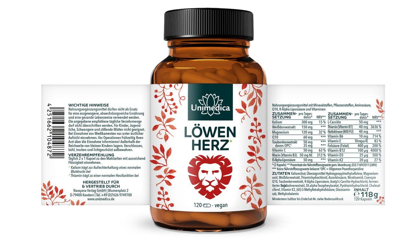 Löwenherz* - Komplex mit Kalium, Weißdornextrakt, OPC, Q10, Thiamin - 120 Kapseln - von Unimedica