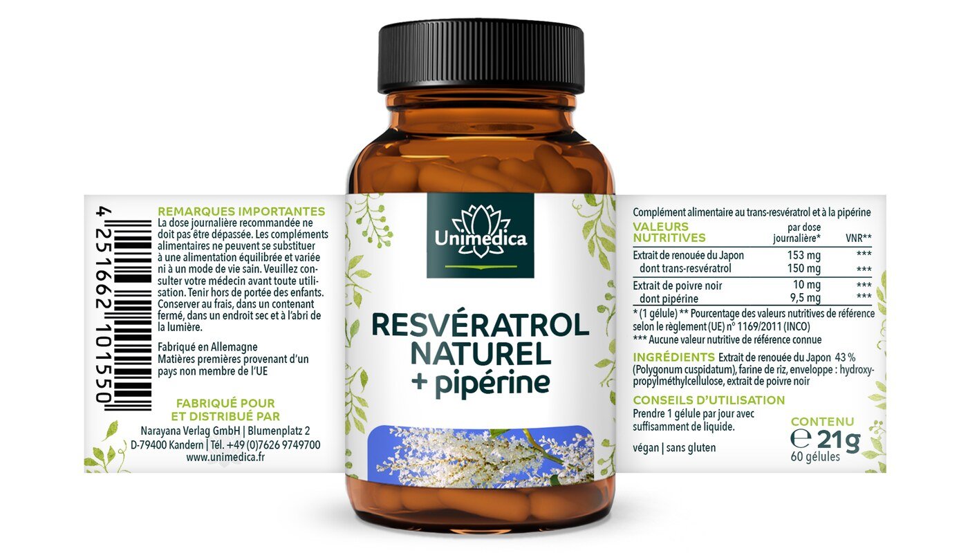 Lot de 2: Resvératrol + Pipérine - 150 mg - avec 98 % de trans-resvératrol issu de renouée de Japon - 2 x 60 gélules - par Unimedica