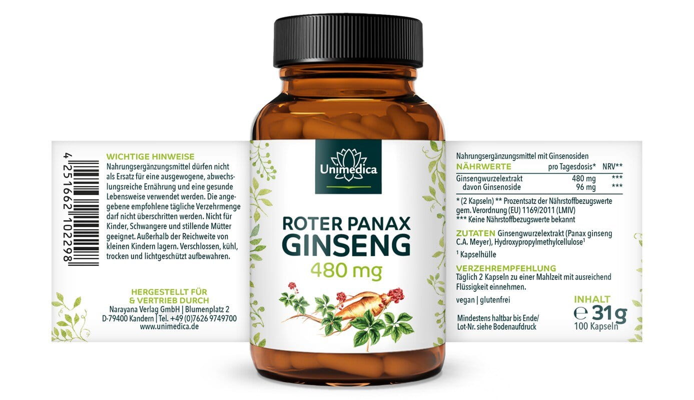 Roter Panax Ginseng Extrakt - koreanischer Ginseng C.A. Meyer - 480 mg pro Tagesdosis (2 Kapseln) - 20 % Ginsenoside - 100 Kapseln - von Unimedica