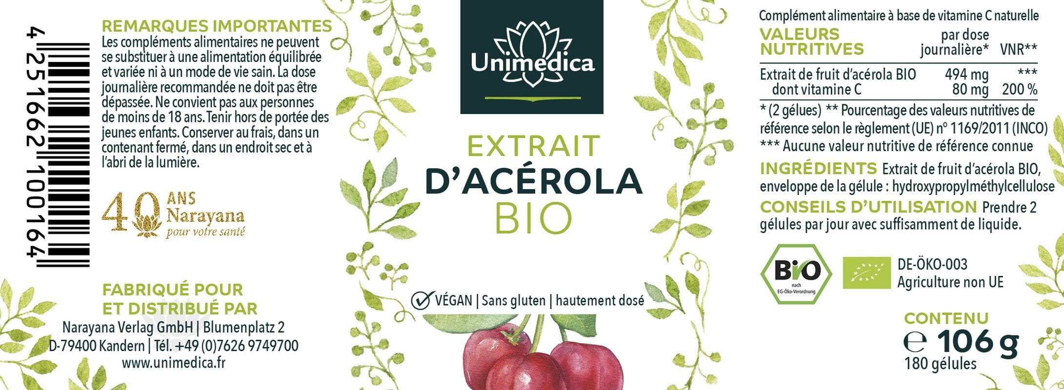 Extrait d'acérola bio - 180 gélules - 988 mg par dose journalière - Unimedica