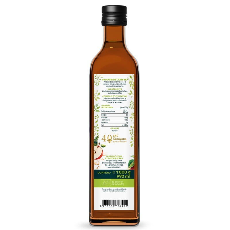 Vinaigre de cidre BIO - avec de la mère de vinaigre - non pasteurisé  naturellement trouble  1 000 g - par Unimedica