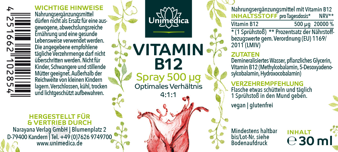Vitamin B12 - Spray - 500 µg pro Tagesdosis (1 Sprühstoß) - 30 ml - von Unimedica