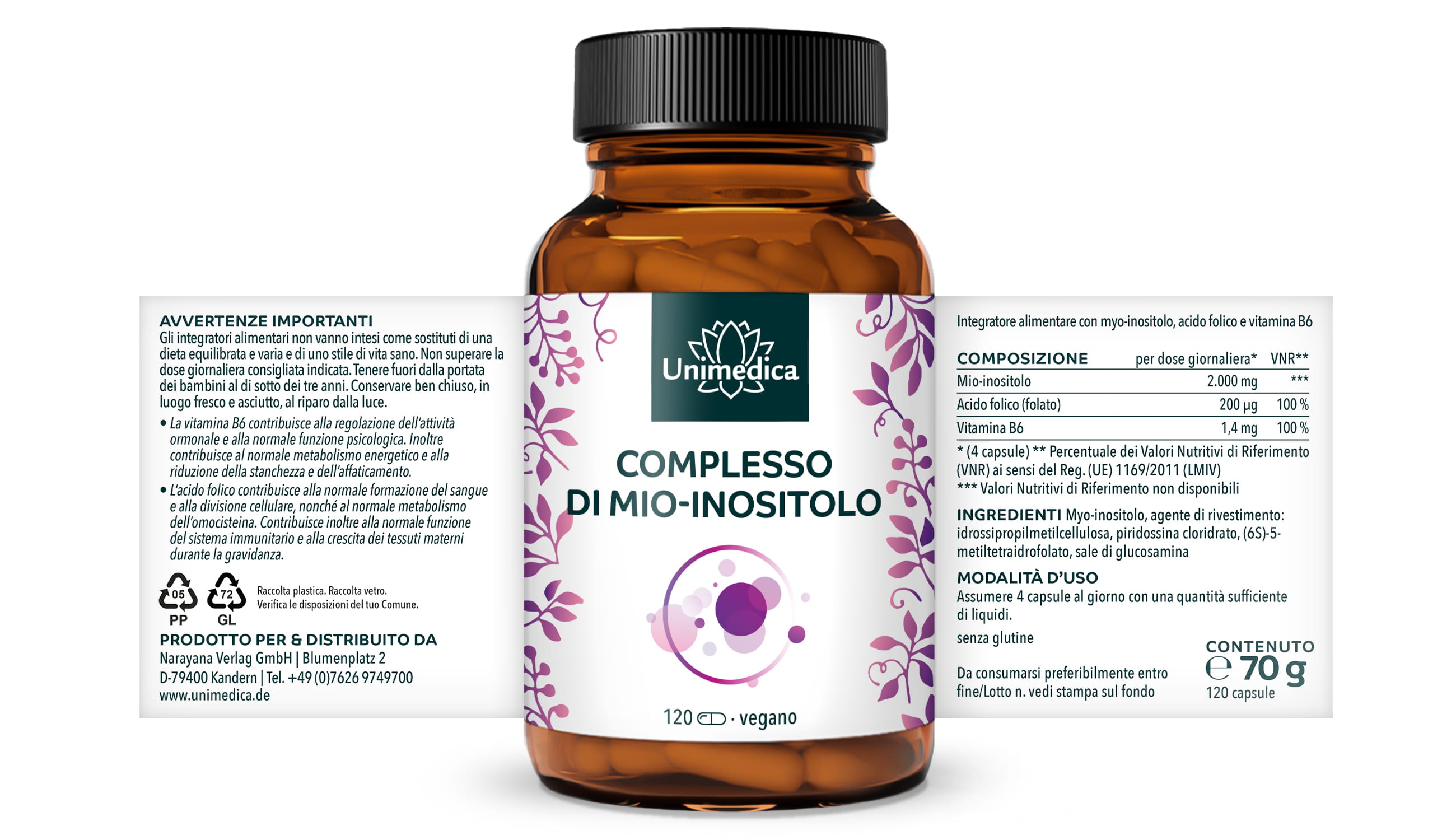 Complesso di mio-inositolo - con acido folico e vitamina B6 - 120 capsule - di Unimedica