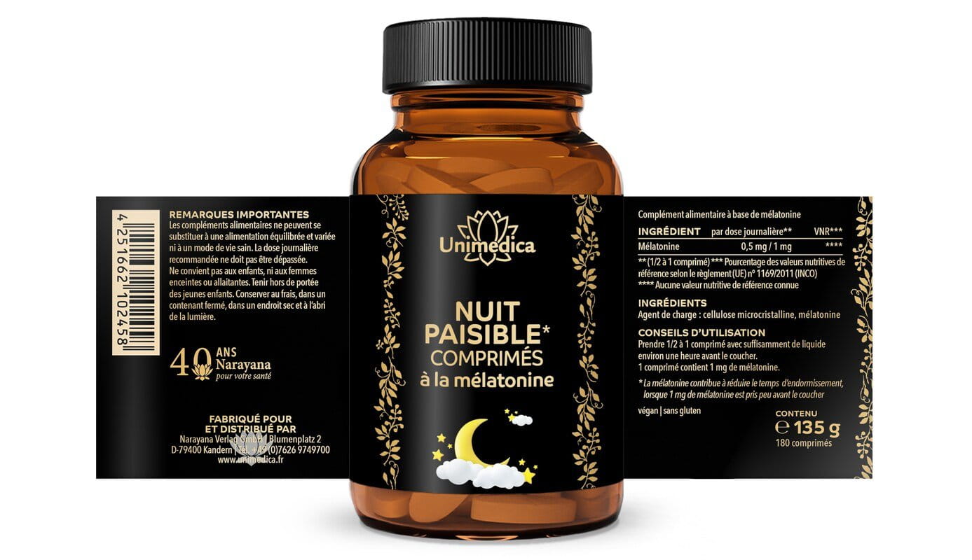 Lot: Comprimés à la mélatonine favorisant l'endormissement + Ashwagandha BIO KSM-66 - 180 comprimés + 120 gélules - par Unimedica