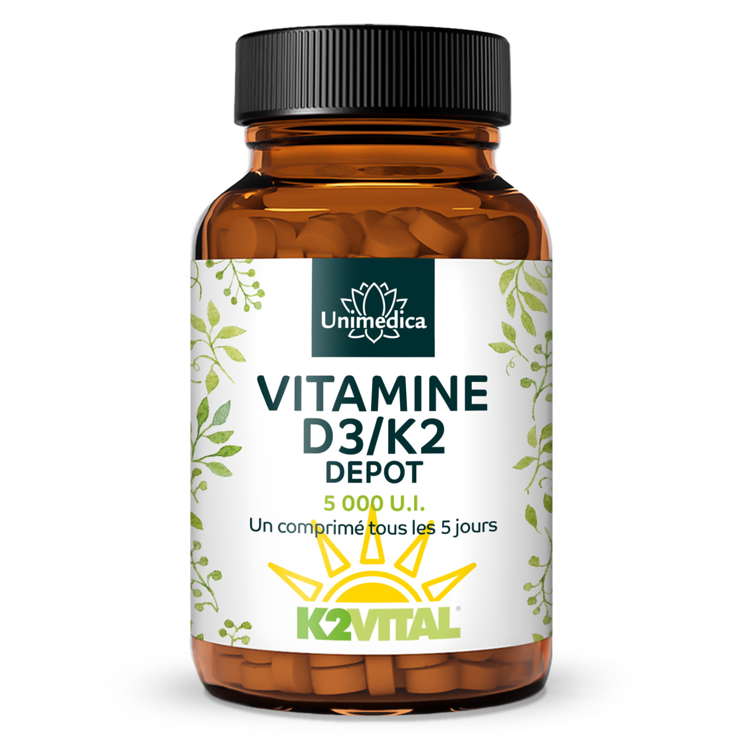 Vitamine D3 / K2 5000 UI à libération prolongée - 125 µg de D3 et 100 µg de K2 par dose de 5 jours (une tablette tous les 5 jours) - 180 comprimés - de Unimedica