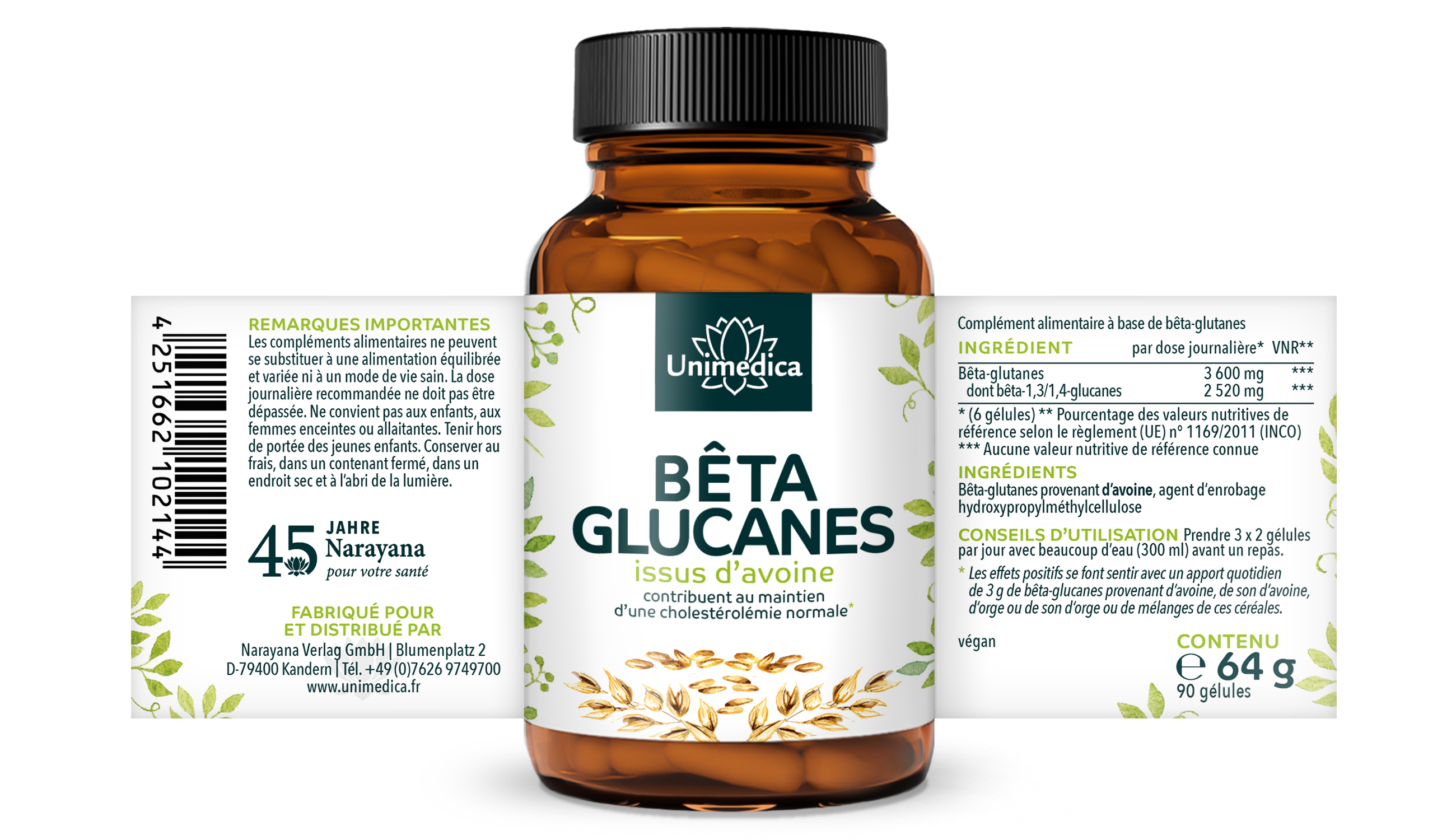 Bêta-glucanes  70 % de polysaccharides provenant d'avoine - 90 gélules contenant chacune 500 mg de bêta-glucanes  par Unimedica