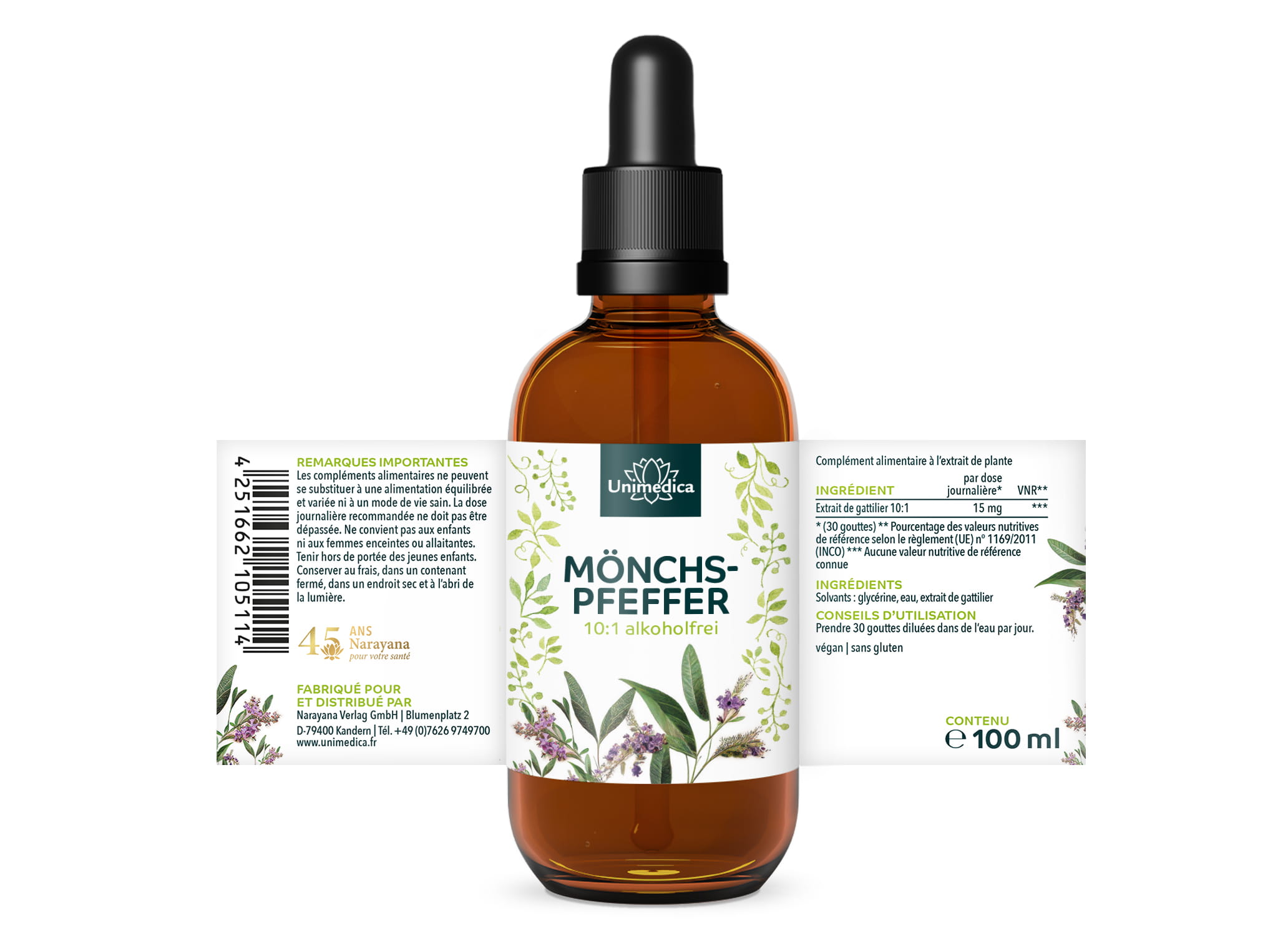 Mönchspfeffer - flüssiger Pflanzenextrakt - alkoholfrei - 15 mg pro Tagesdosis (30 Tropfen) - 100 ml - Tropfen - von Unimedica