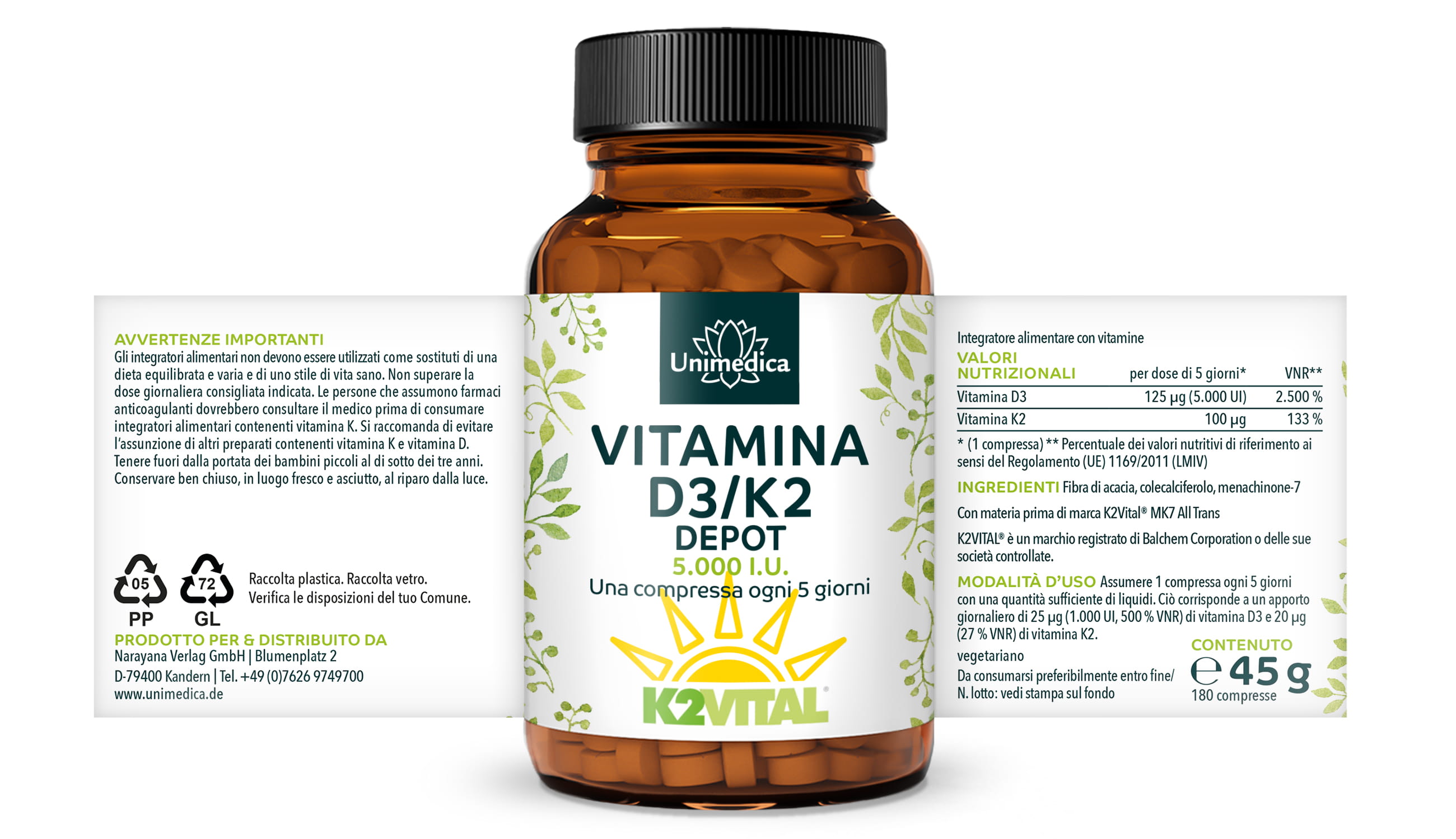 Vitamina D3/K2 5000 UI a rilascio prolungato - 125 µg di D3 e 100 µg di K2 per dose da 5 giorni (una compressa ogni 5 giorni) - 180 compresse - di Unimedica