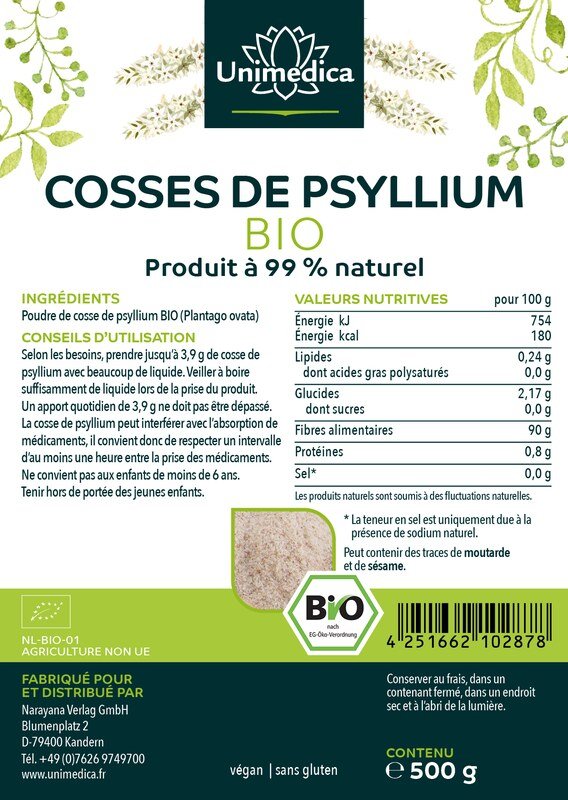 Poudre de téguments de psyllium bio  99 % pureté naturelle  qualité premium  500 g  par Unimedica