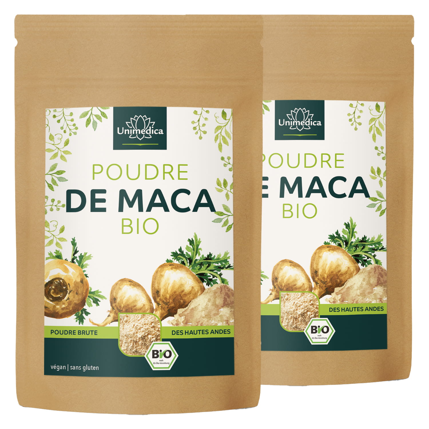 Lot économique 2 pièces : poudre de maca bio - poudre crue - 2 x 300 g