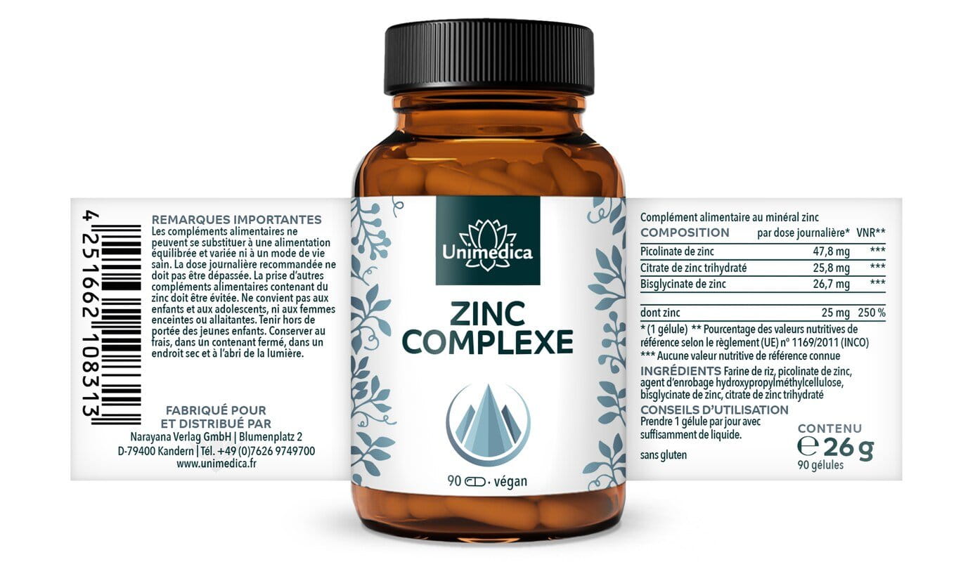 Complexe de zinc  3 formes  25 mg de zinc par dose journalière (1 gélule)  hautement dosé  90 gélules  par Unimedica