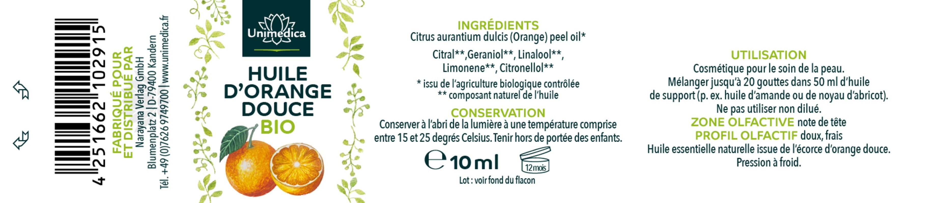 Orange douce BIO - Citrus sinensis dulcis - huile essentielle naturelle - 10 ml - par Unimedica