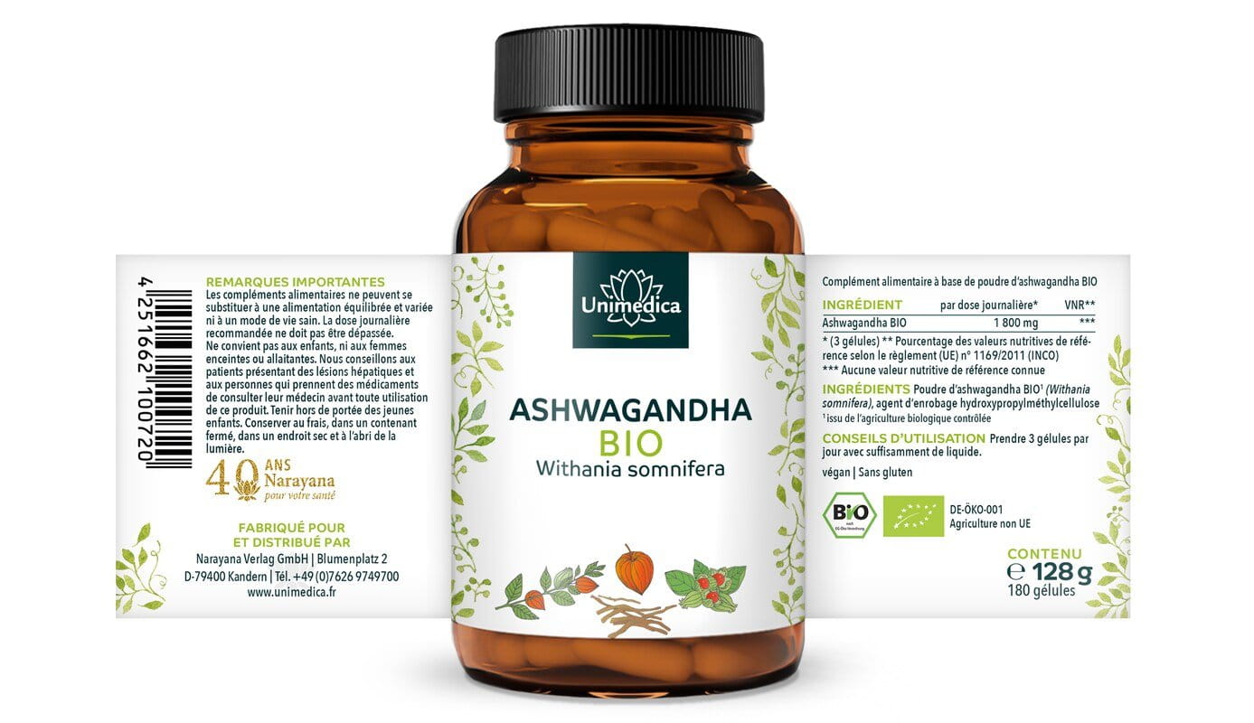 Ashwagandha BIO  1 800 mg par dose journalière (3 gélules)  hautement dosé - 180 gélules - par Unimedica