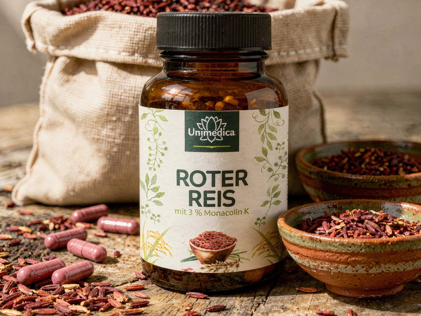 Roter Reis - Rotschimmelreis aus natürlicher Fermentation - mit 2,5 mg Monacolin K pro Tagesdosis (1 Kapsel) - 120 Kapseln - von Unimedica