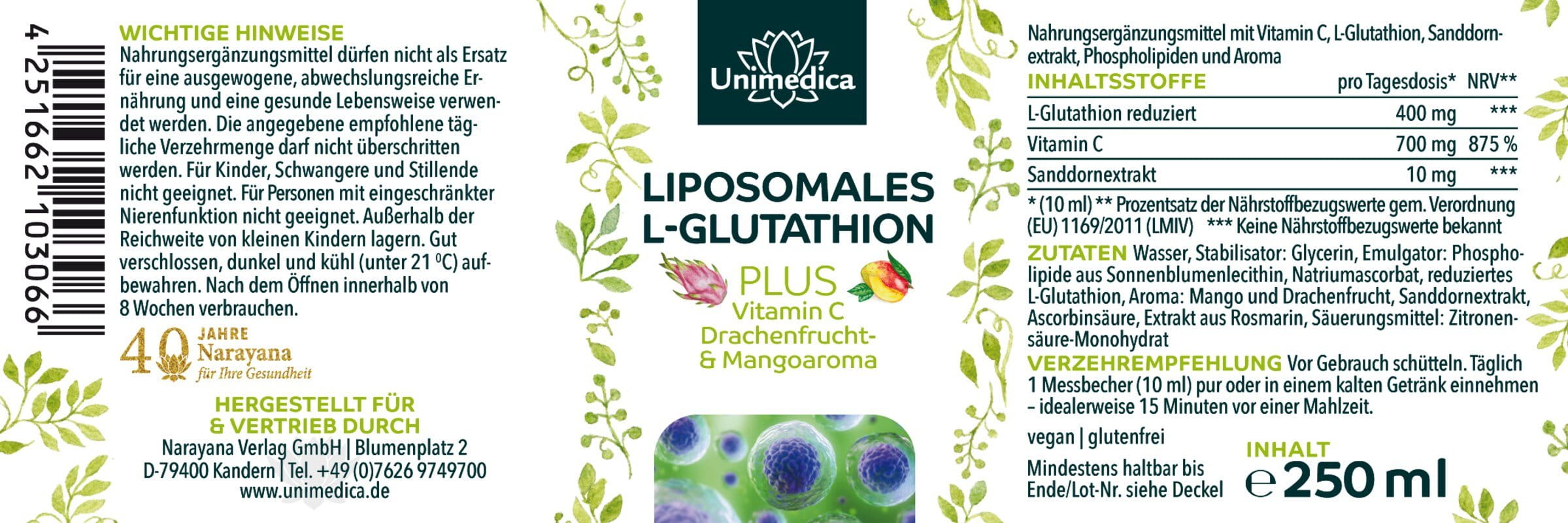 Liposomales L-Glutathion PLUS Vitamin C, Drachenfrucht- und Mangoaroma - 250 ml - von Unimedica, Nahrungsergnzungsmittel mit L-Glutathion, Drachenfrucht- und Mangoaroma - Narayana Verlag Liposomales L-Glutathion PLUS Vitamin C, Drachenfrucht- und Mangoaroma - 250 ml - von Unimedica, Nahrungsergnzungsmittel mit L-Glutathion, Drachenfrucht- und Mangoaroma - Narayana Verlag