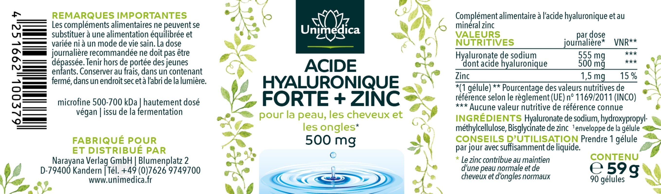 Lot de 2: Acide hyaluronique forte  avec zinc pour la peau, les cheveux et les ongles* - 500 mg d'acide hyaluronique par dose journalière (1 gélule)  hautement dosé - 2 x 90 gélules - par Unimedica