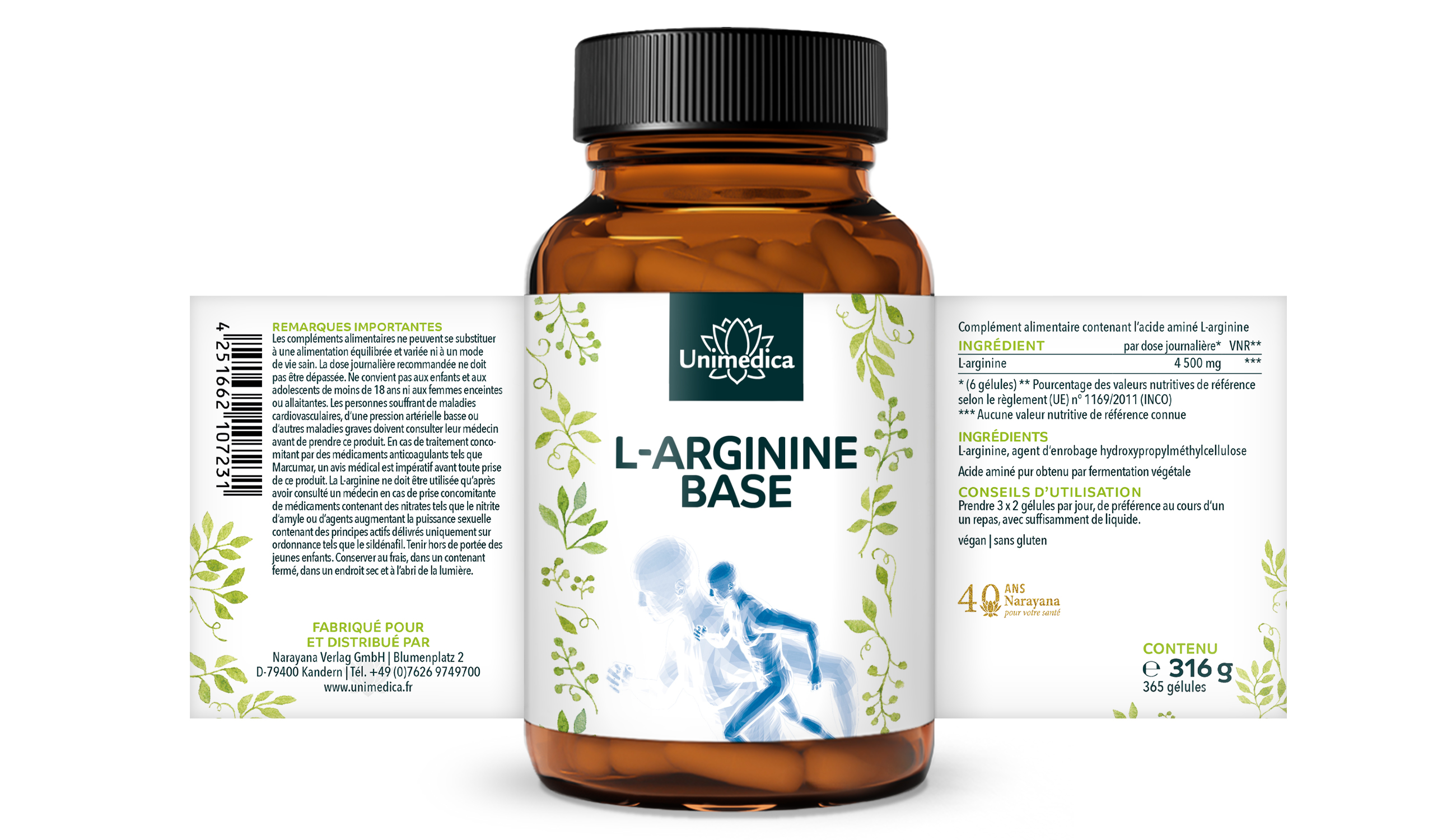L-Arginin Base - 4500 mg L-Arginin pro Tagesdosis (6 Kapseln) - 365 Kapseln - von Unimedica