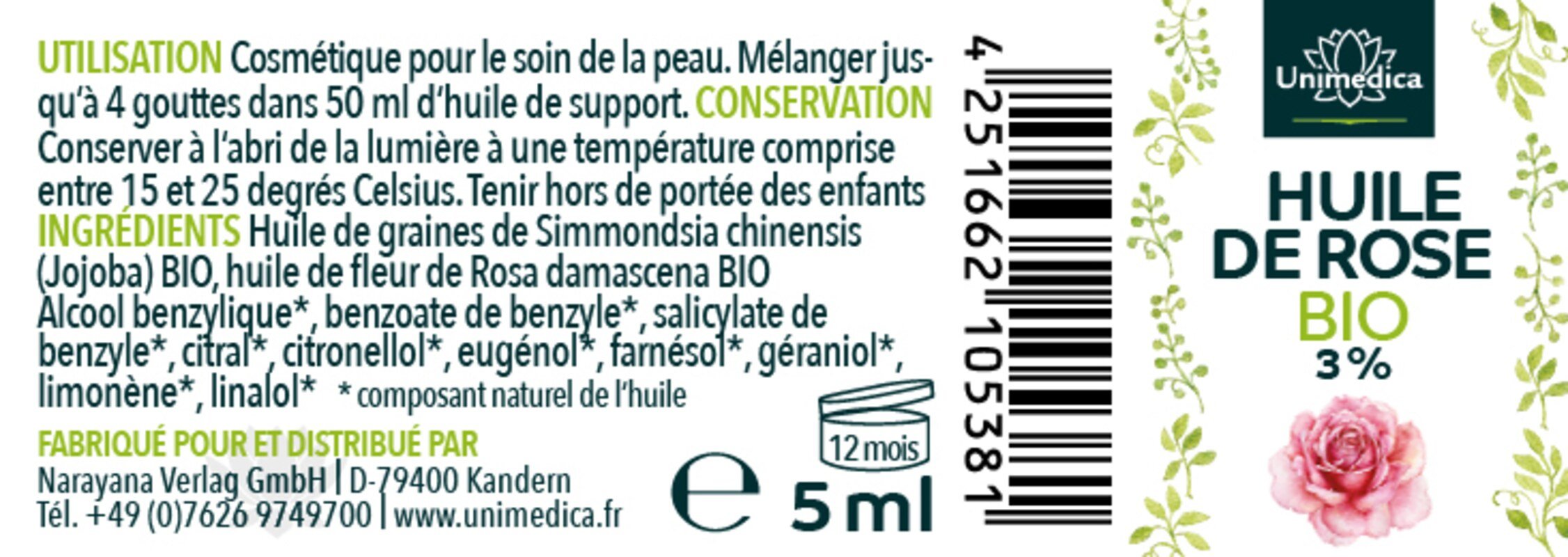 Huile de rose BIO 3 % - Rosa damascena - 5 ml - par Unimedica