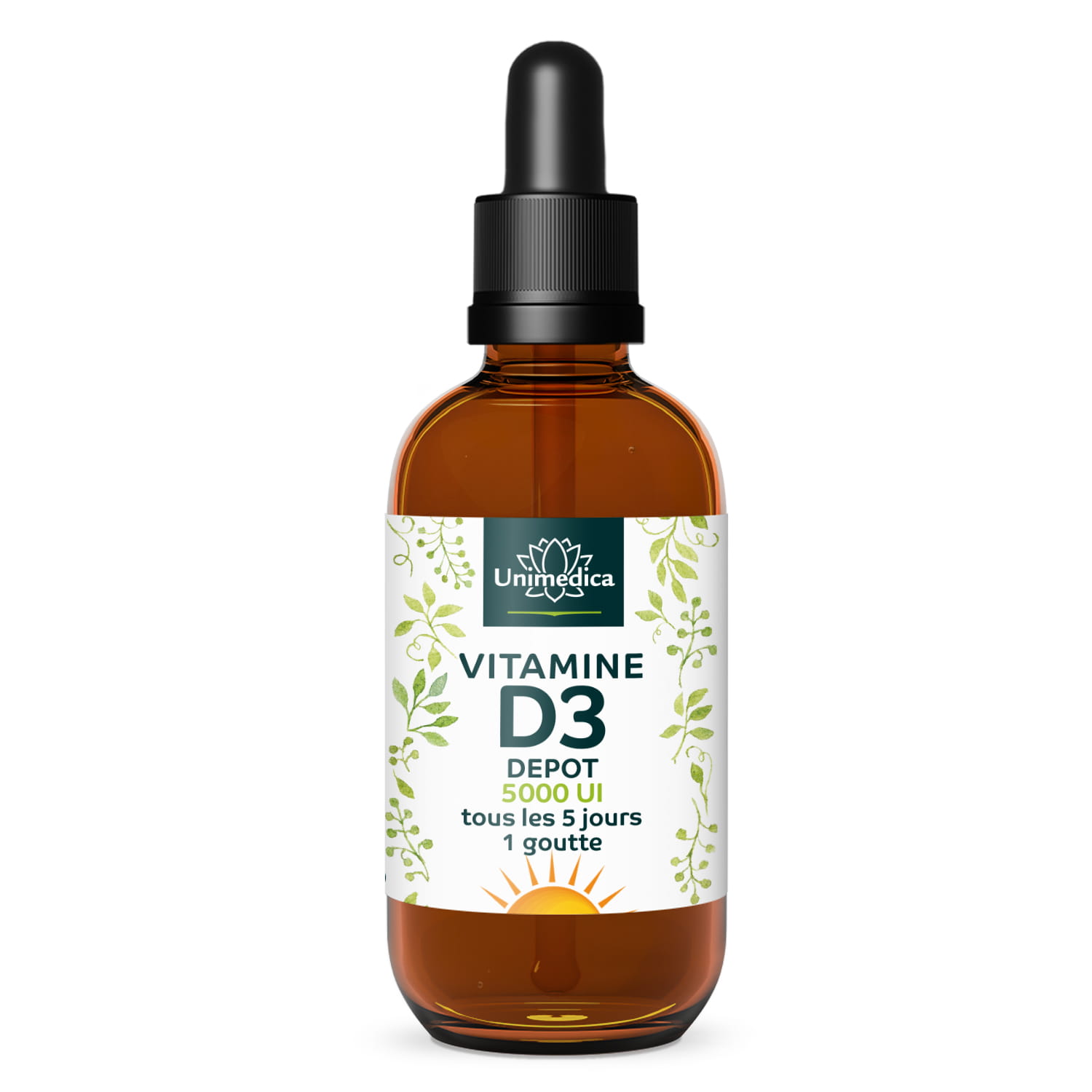 Gouttes de vitamines D3 - 5000 UI  125 µg par dose tous les 5 jours (1 goutte) - hautement dosé - 50 ml - par Unimedica