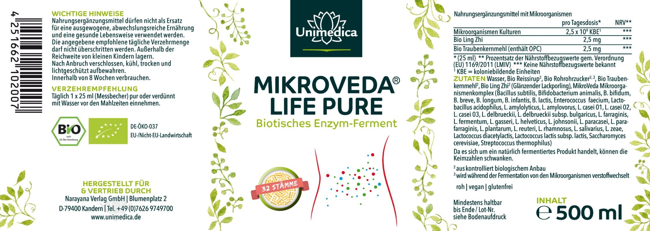 MikroVeda (R) Life Pure - Biotisches Enzym-Ferment - Bioqualität - 32 Bakterienstämme - lebendiger Mikroorganismenkomplex - natürlich symbiotisiert - 500 ml - von Unimedica