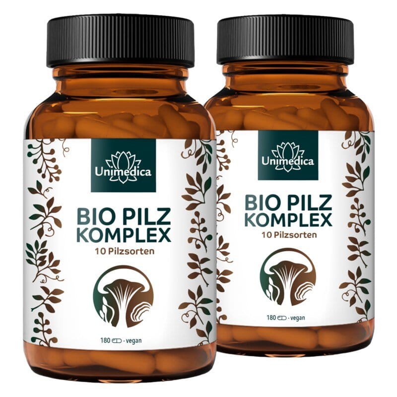 Lot de 2: Complexe de champignons BIO  avec 10 variétés de champignons  entre autres cordyceps, shiitaké, reishi, crinière de lion, chaga, héricium - 2 x 180 gélules - par Unimedica