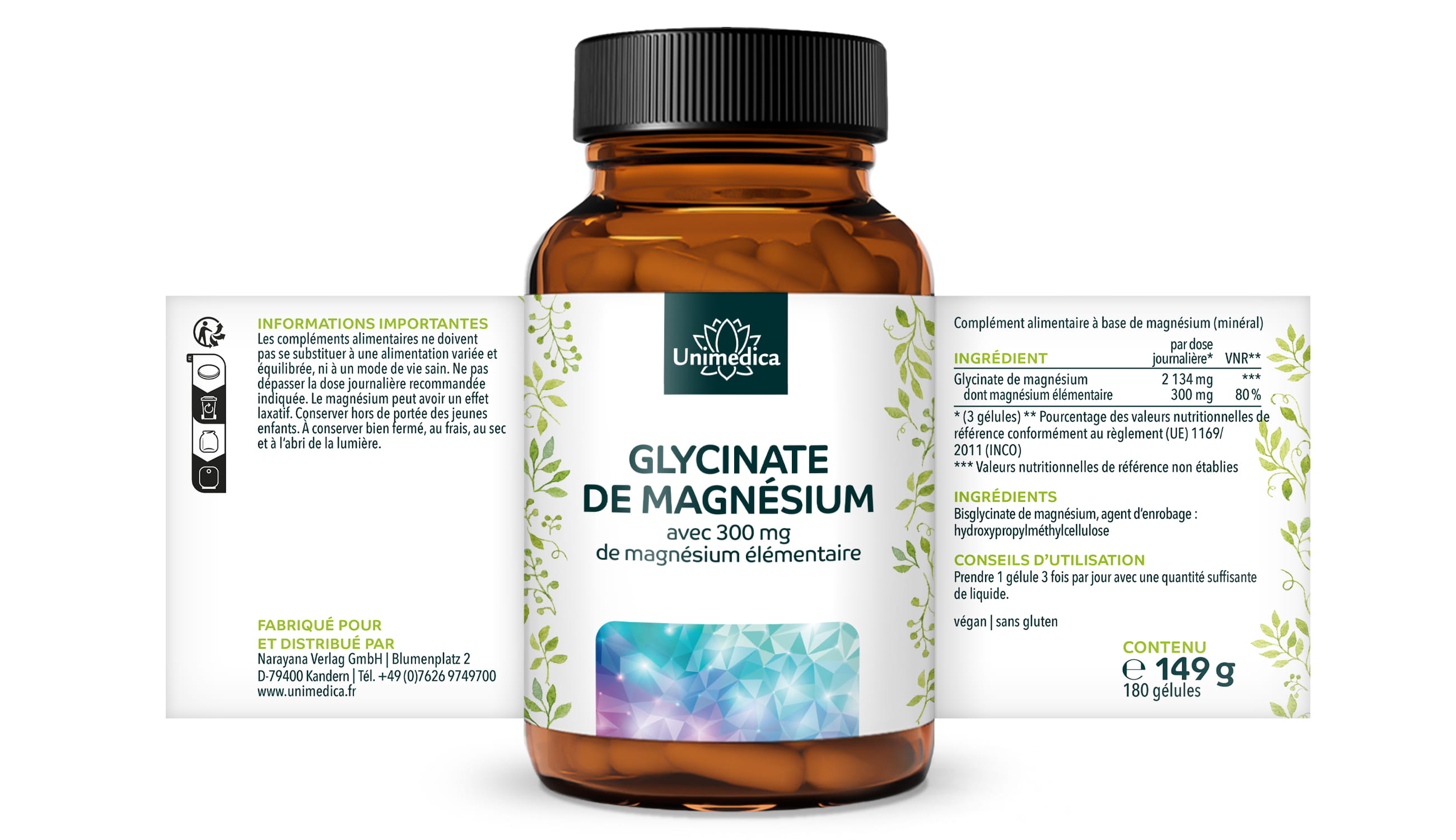 Glycinate de magnésium - avec 300 mg de magnésium pur par dose journalière - 180 gélules - par Unimedica