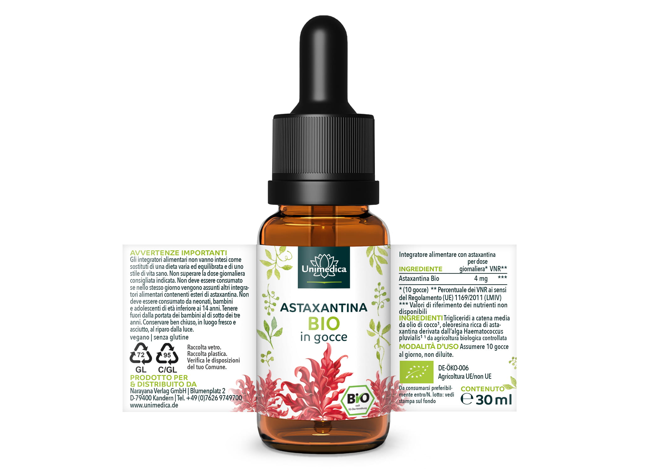 Gocce di astaxantina biologica - 4 mg per dose giornaliera (10 gocce) - 30 ml - di Unimedica