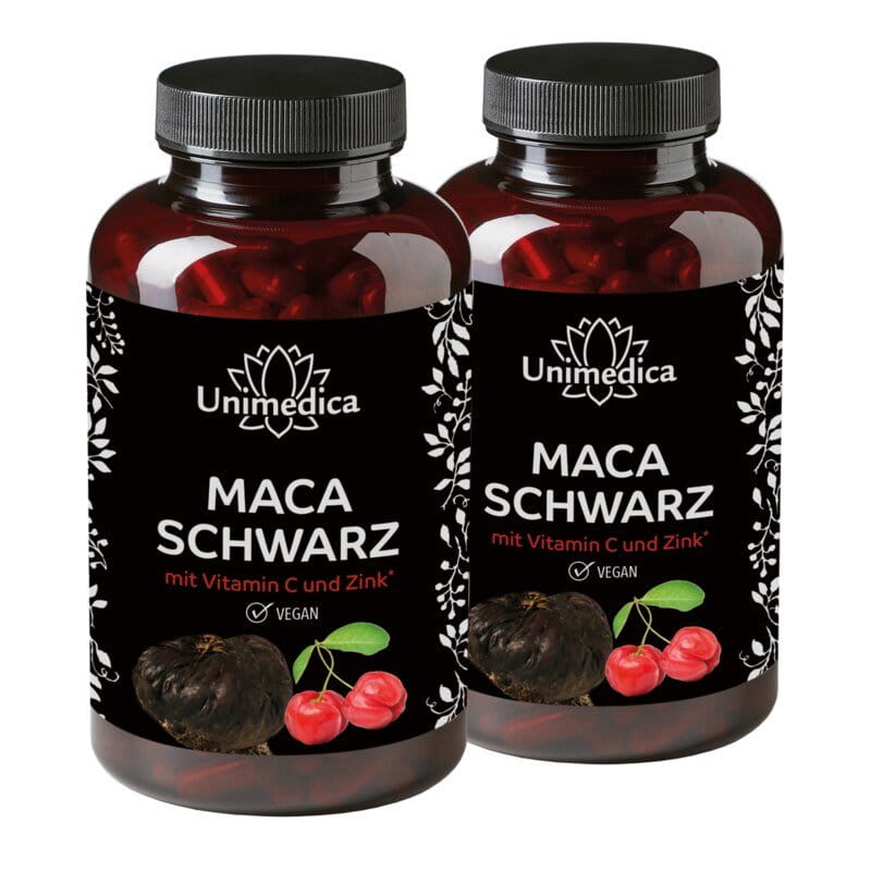 Lot de 2: Maca noire avec de la vitamine C issue de l'acérola et zinc  3 000 mg par dose journalière (4 gélules) - 2 x 180 gélules - par Unimedica