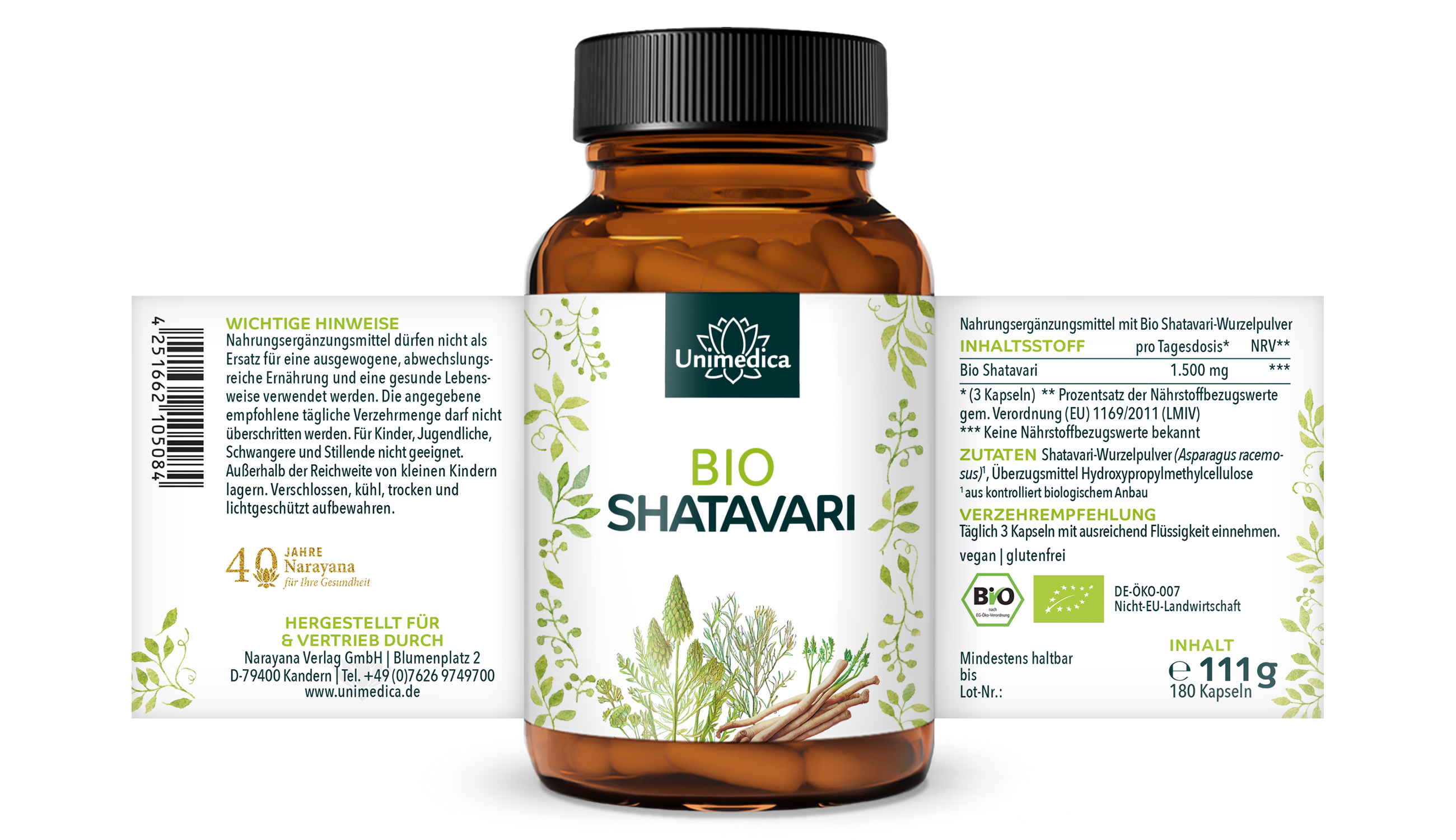 Bio Shatavari - 1.500 mg pro Tagesdosis (3 Kapseln) - 180 Kapseln - von Unimedica
