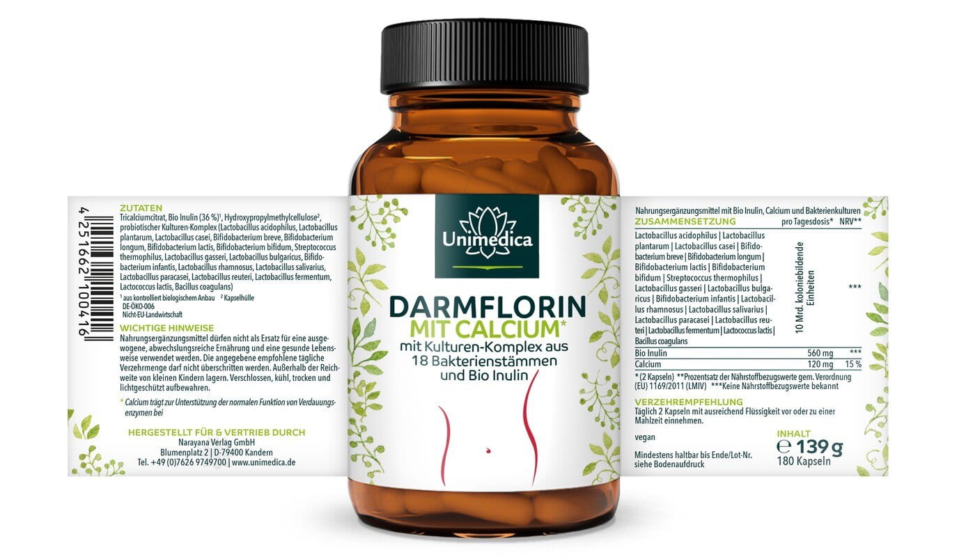 2er Sparset: Darmflorin mit Calcium* - mit Kulturen-Komplex aus 17 Bakterienstämmen und Bio Inulin - 2 x 180 Kapseln - von Unimedica