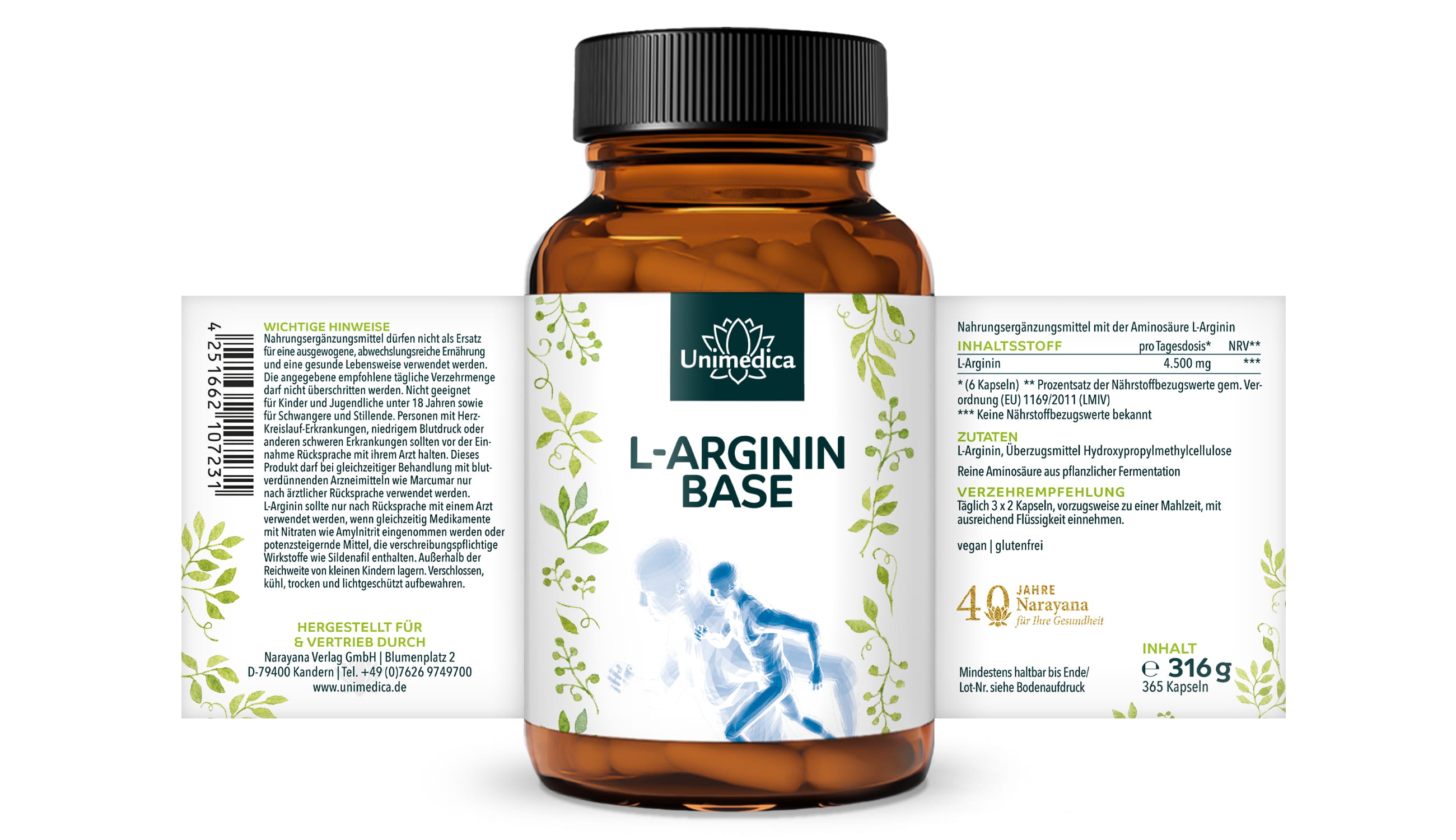 L-Arginin Base - 4500 mg L-Arginin pro Tagesdosis (6 Kapseln) - 365 Kapseln - von Unimedica