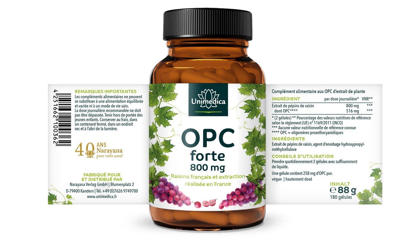 Lot de 2: OPC forte - 800 mg d'extrait de pépins de raisin par dose journalière - 2 x 180 gélules  Unimedica