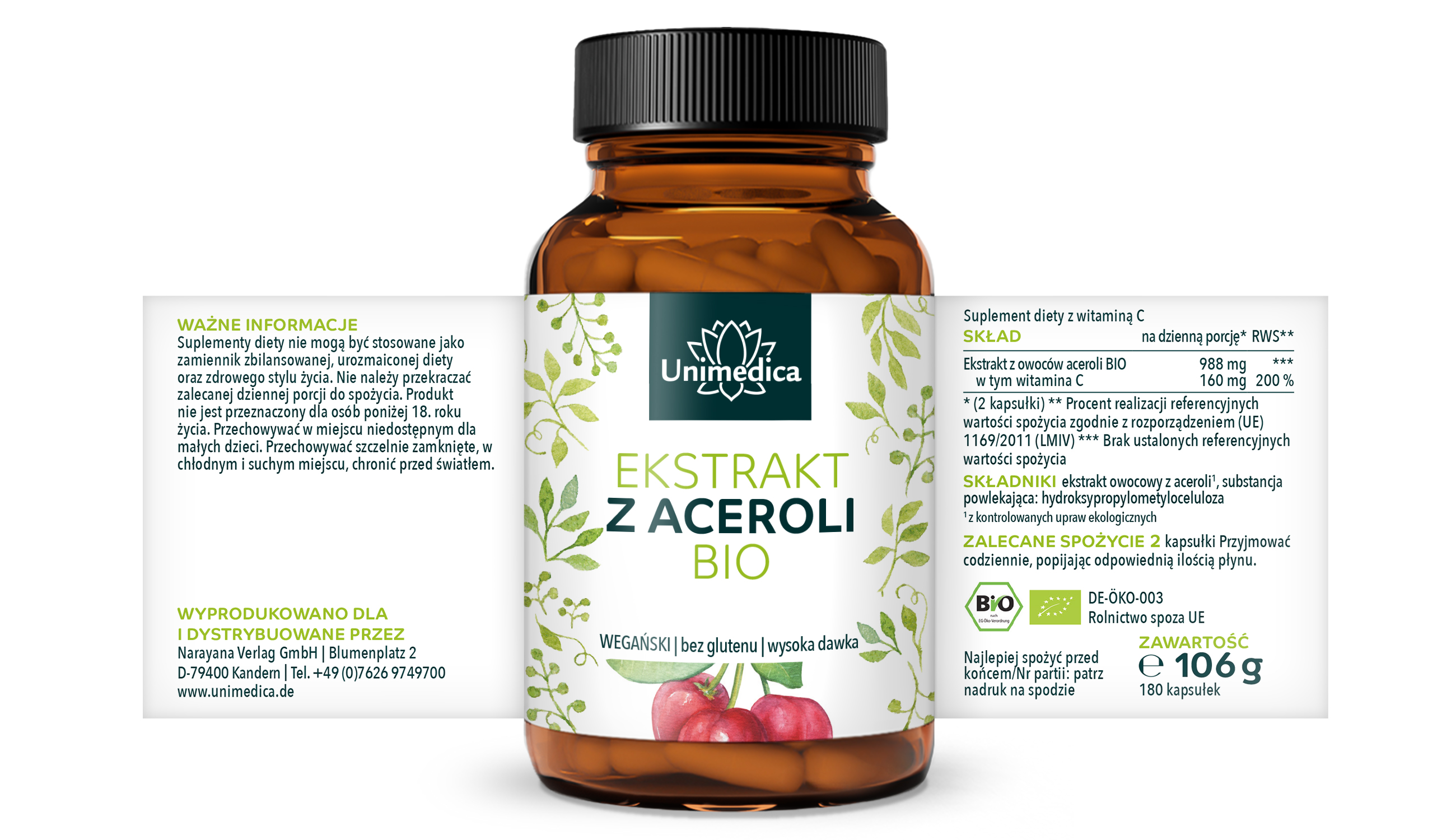 Naturalna witamina C - organiczny ekstrakt z aceroli - w tym 160 mg witaminy C - 180 kapsułek - od Unimedica
