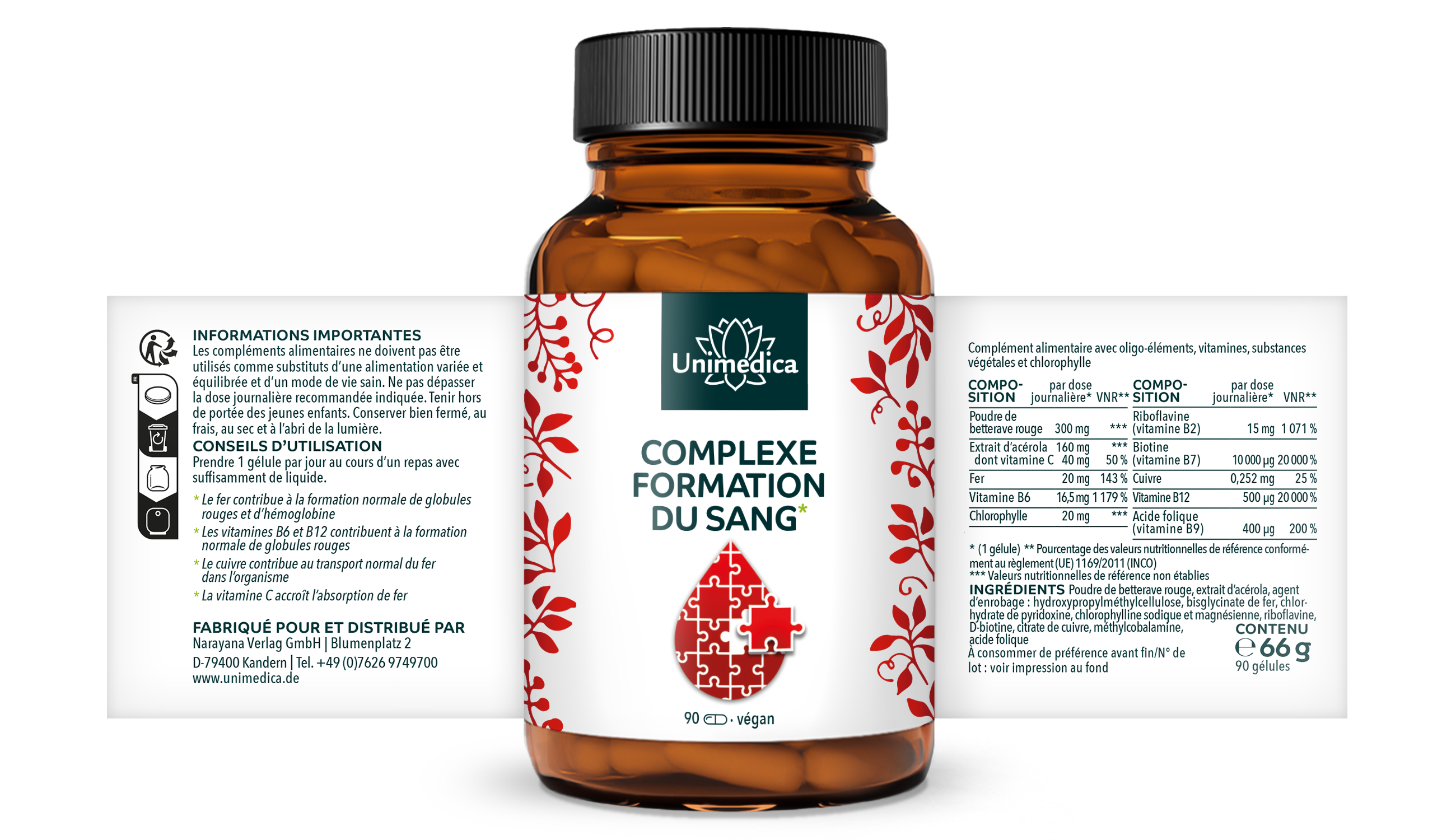 Complexe formation du sang* - avec du fer, de l'acérola, de la chlorophylle, du cuivre et des vitamines - 90 gélules - par Unimedica