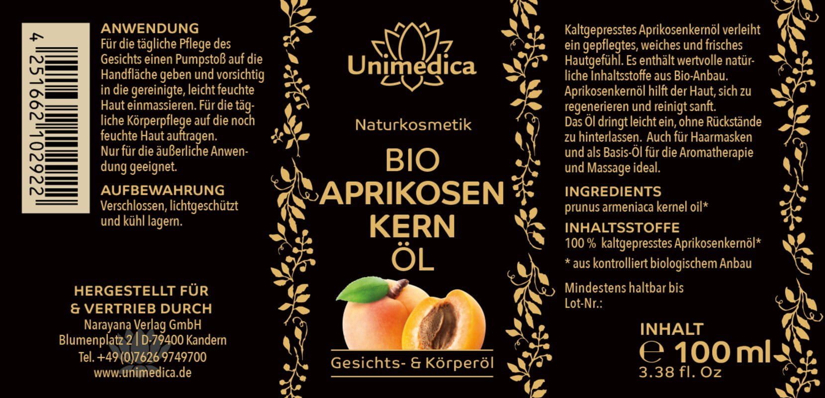 Bio Aprikosenkernöl - Gesichts- und Körperöl - 100 ml  - von Unimedica